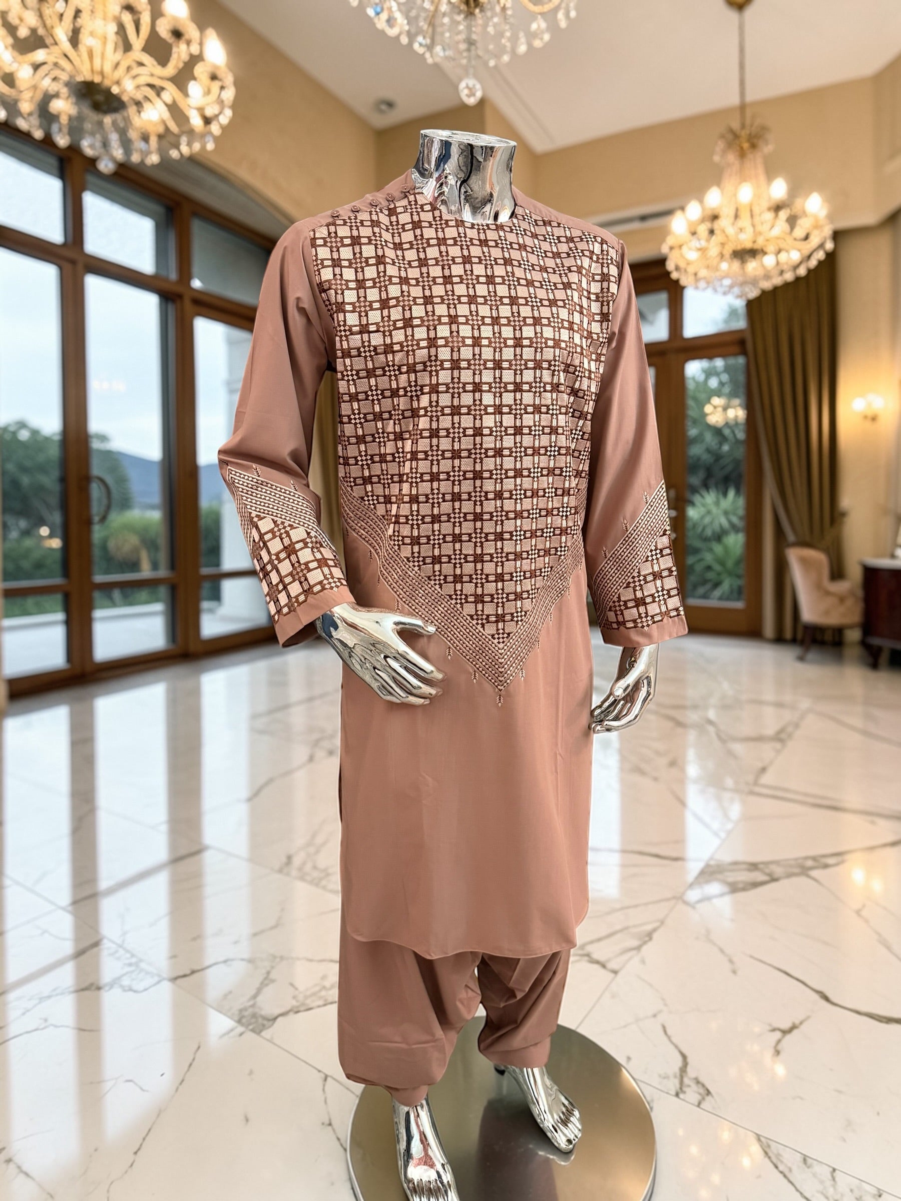 Small Men’s Tan Parahan Tumban with White & Tan Embroidery Afghan Kameese shalwar