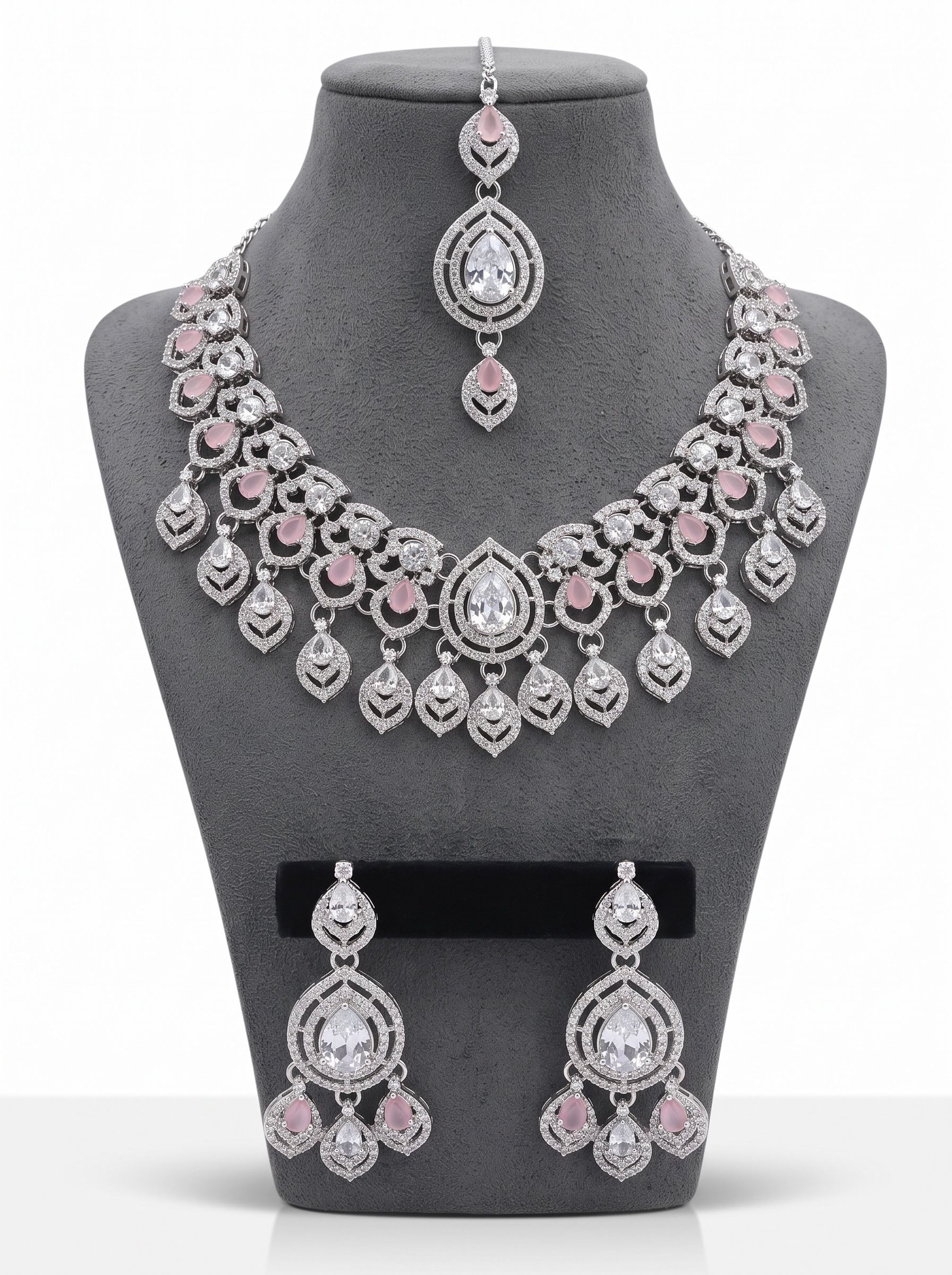 American Diamond Necklace, Earrings & Maang Tikka Jewelry Set – 7 Colors