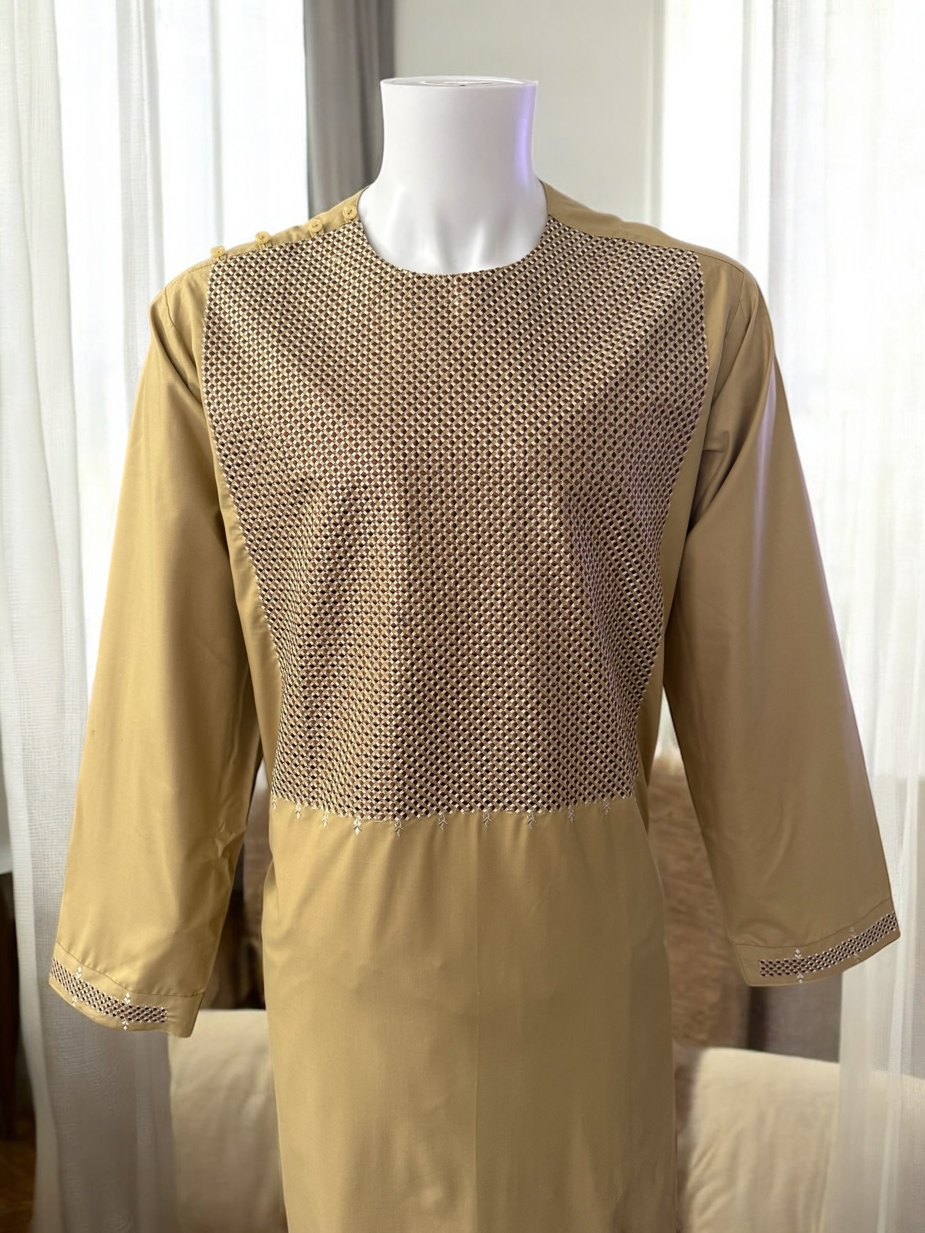 Afghan Parahan Tunban for Men – Beige Gold, XL (Defected Embroidery)