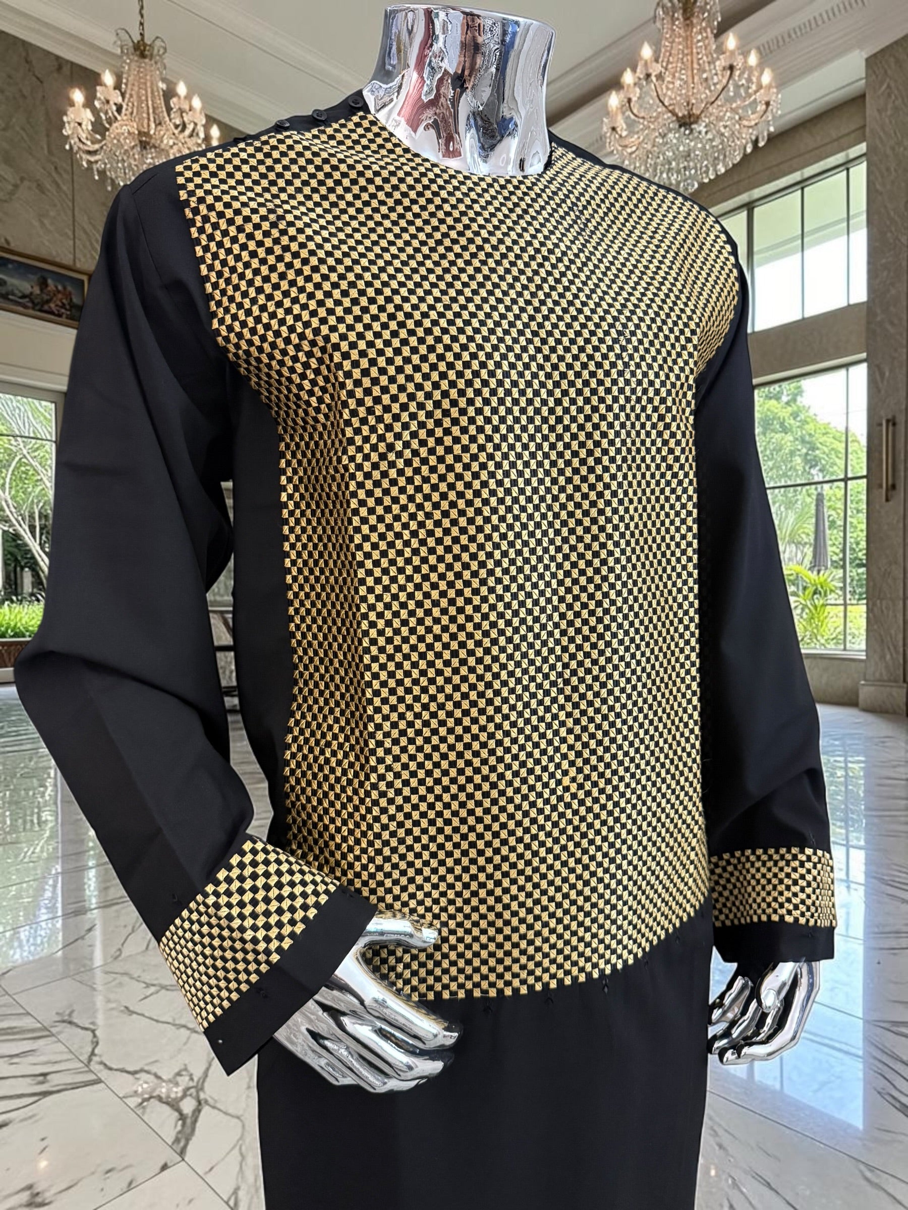 X-Large Afghan Parahan Tunban Kameese Shalwar Black Gold Machine Embroidery