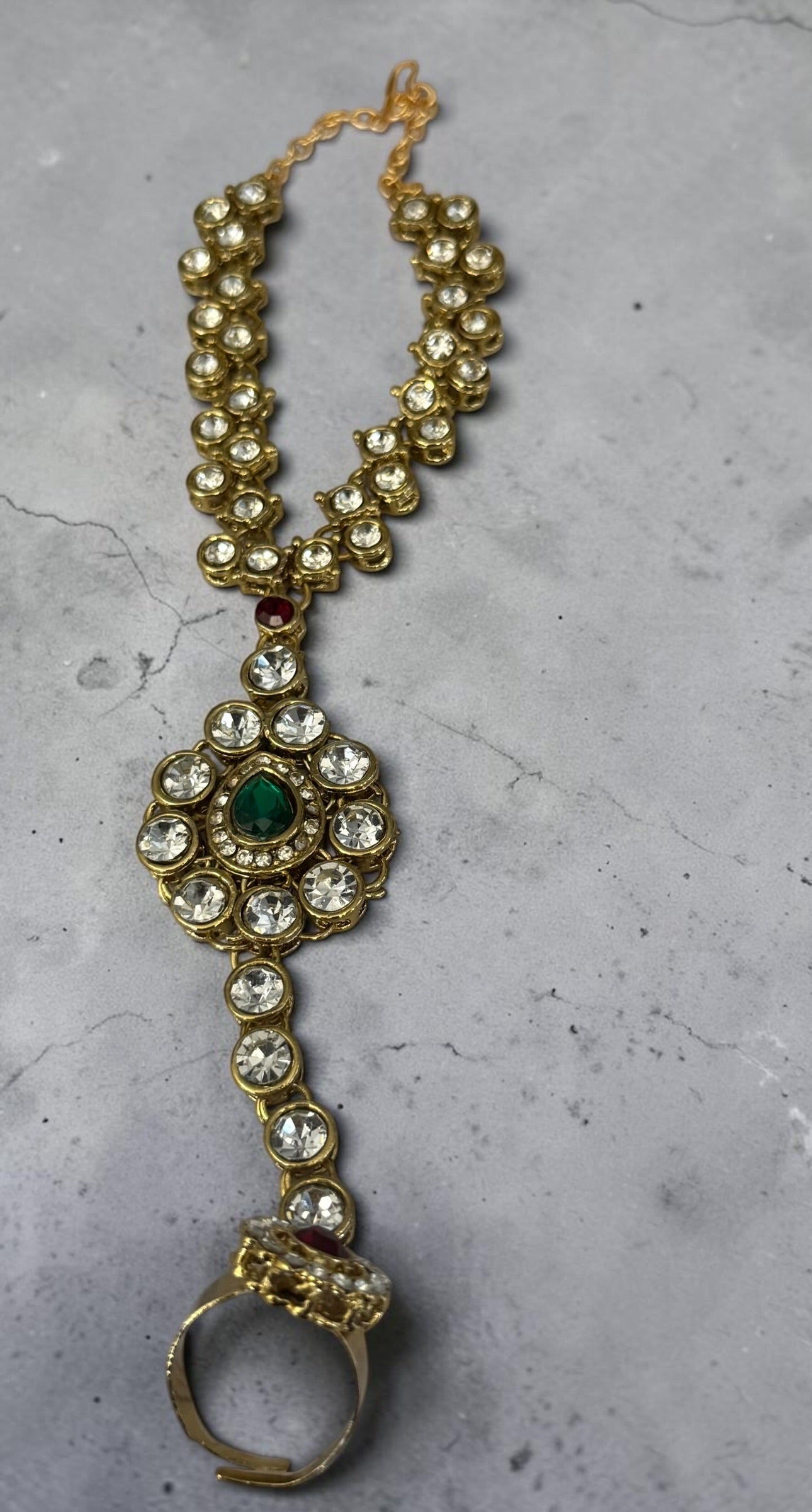 6-Piece Gold-Tone Kundan Full Bridal Jewelry Set with Necklace, Earrings, Nose Ring, Sheeshphool & Ring Bracelets 029