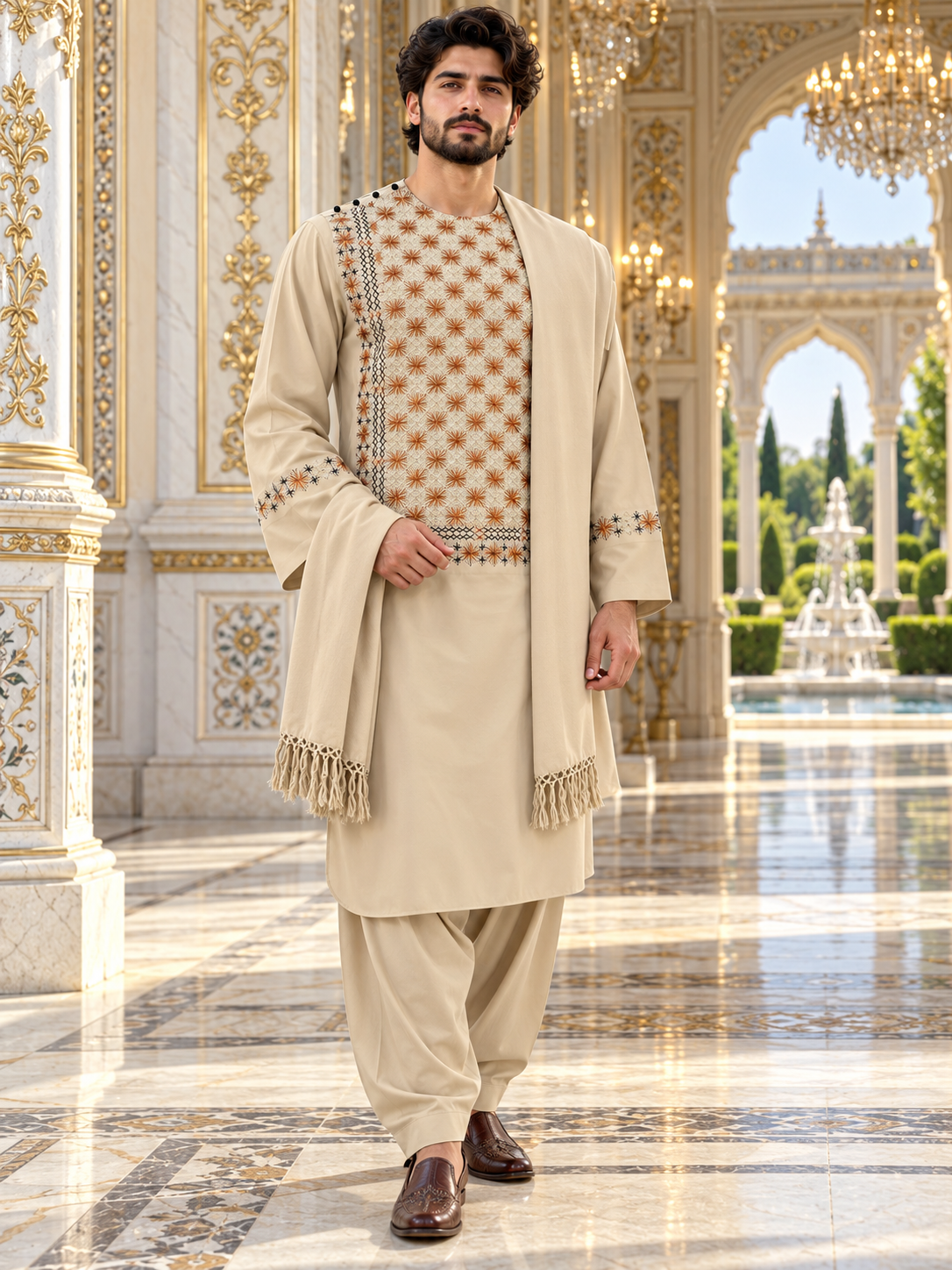 Men’s Cream Hand-Embroidered Afghan Parahan Tunban with Shawl – 3-Piece Set 5023