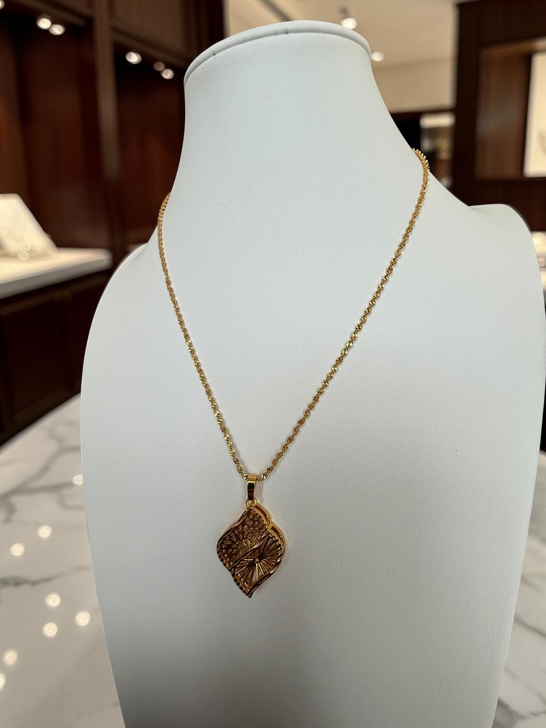 Gold Plated Brass Abstract Leaf Pendant Necklace for Women | Elegant Openwork Statement Necklace 6093