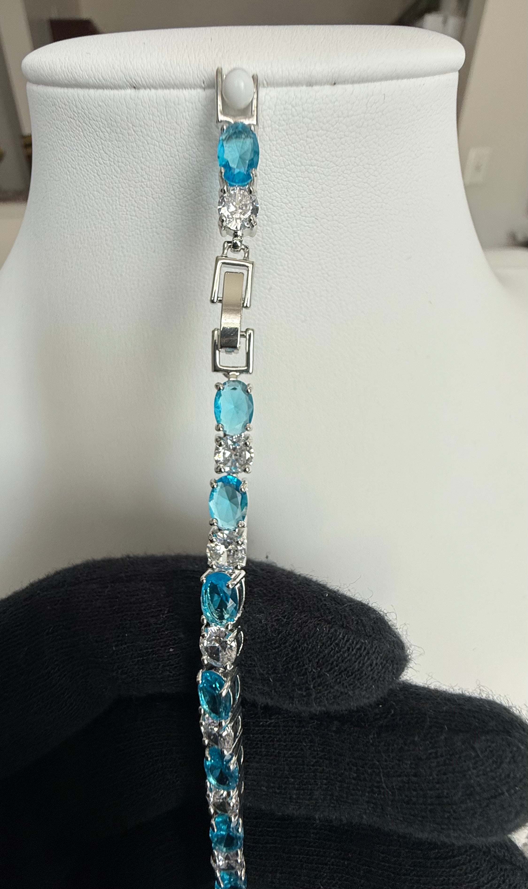 Aqua Blue Oval Crystal Tennis Bracelet – Silver Tone Sparkling Statement Jewelry 7092