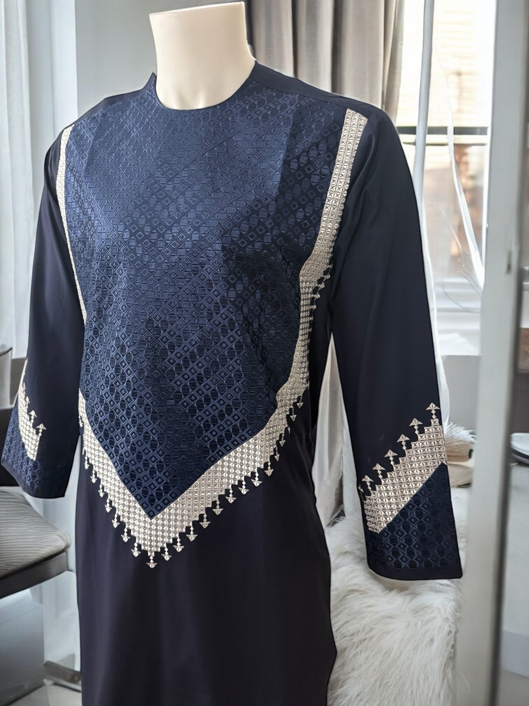 Men’s Navy Blue Parahan Tumban with Beige Embroidery Small
