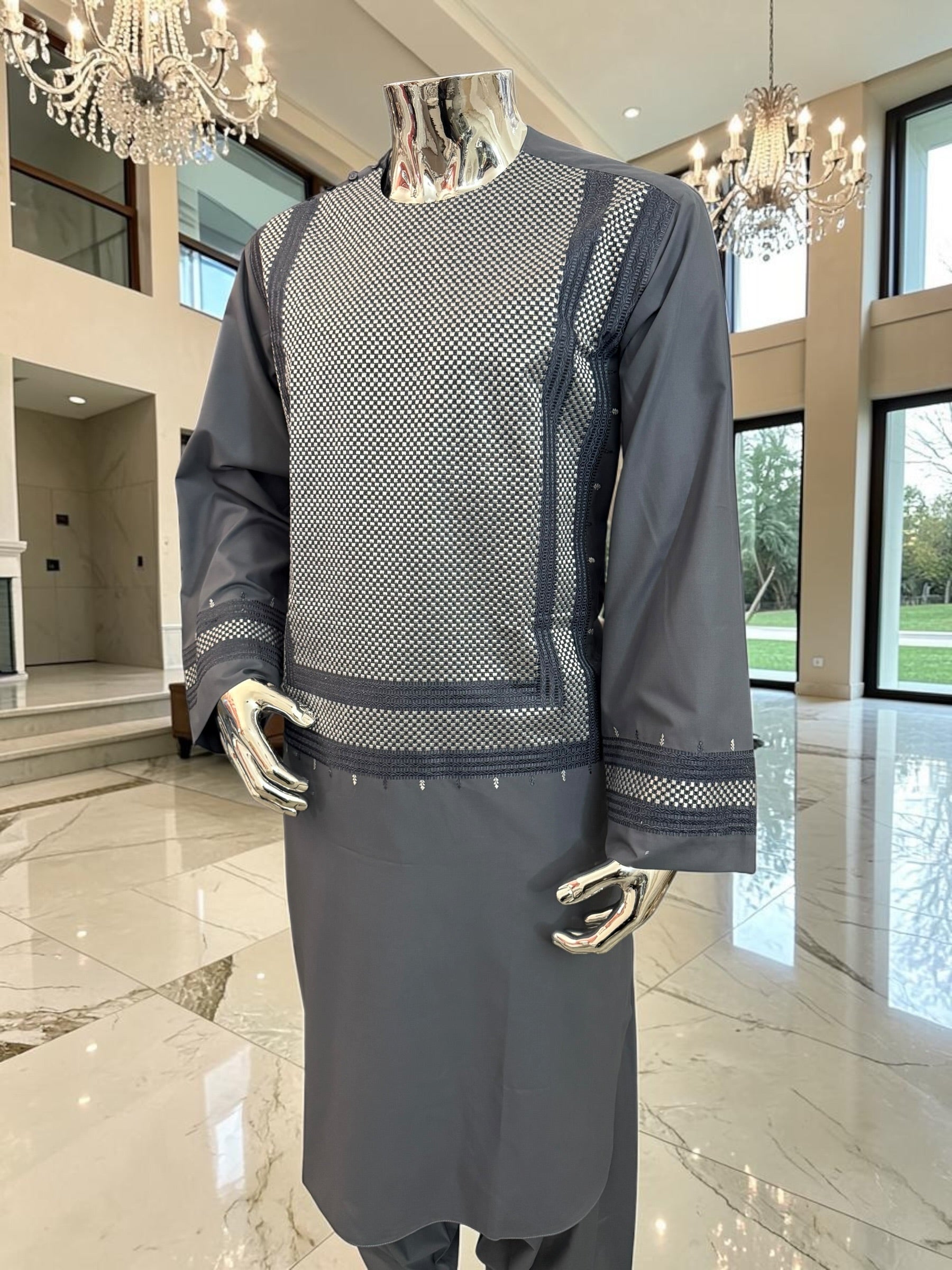 X-Large Charcoal Grey Men’s Shalwar Kameez Yakhandozi with Matching Grey and White Geometric Embroidery | Premium Traditional Wear