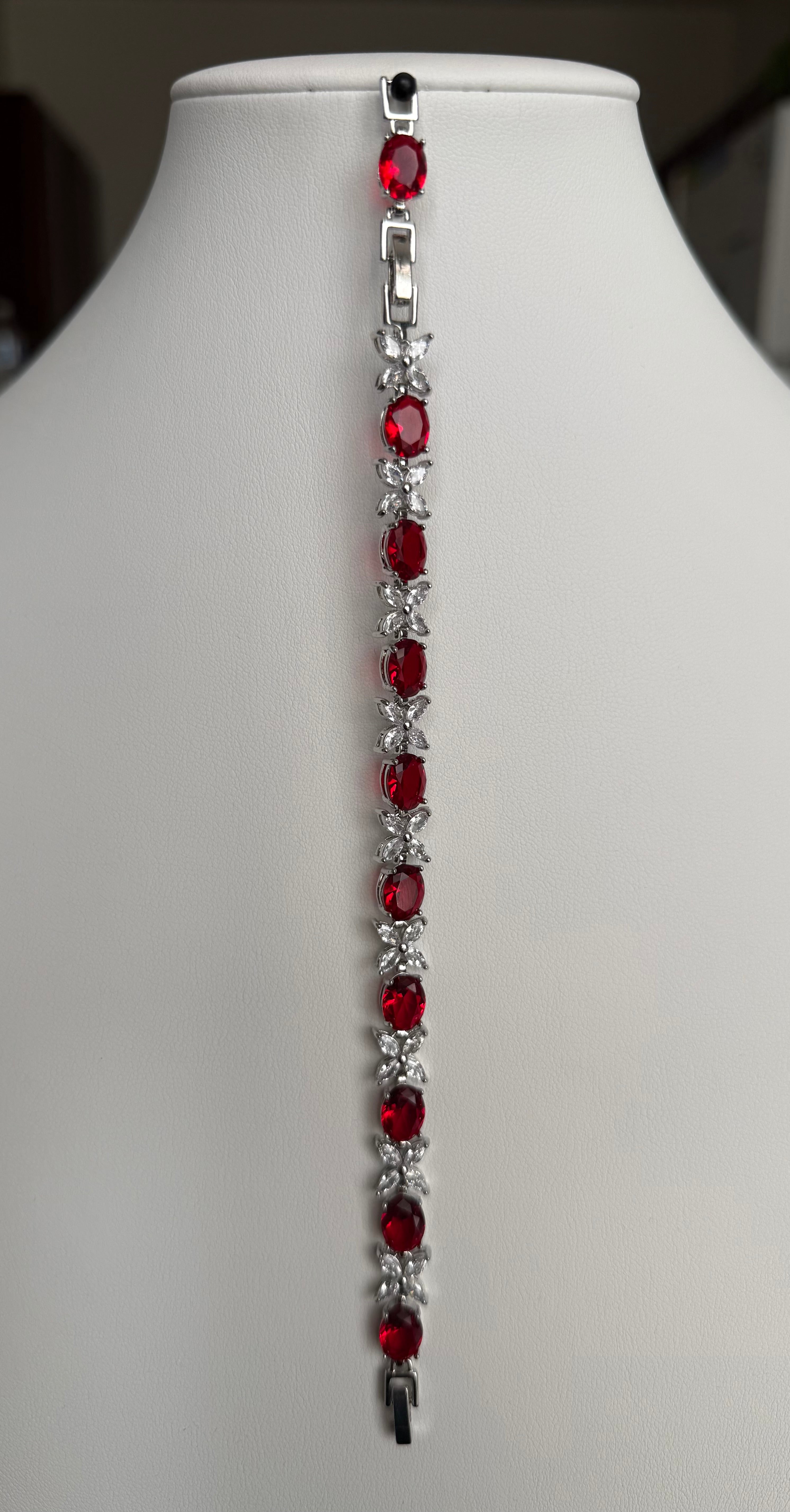 Ruby Red Oval Crystal Butterfly Bracelet – Silver Tone Statement Jewelry 7086
