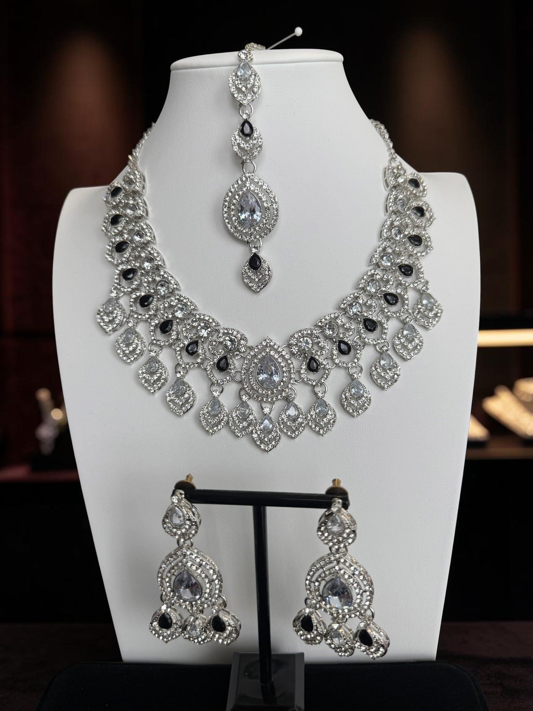 American Diamond Necklace, Earrings & Maang Tikka Jewelry Set – 7 Colors