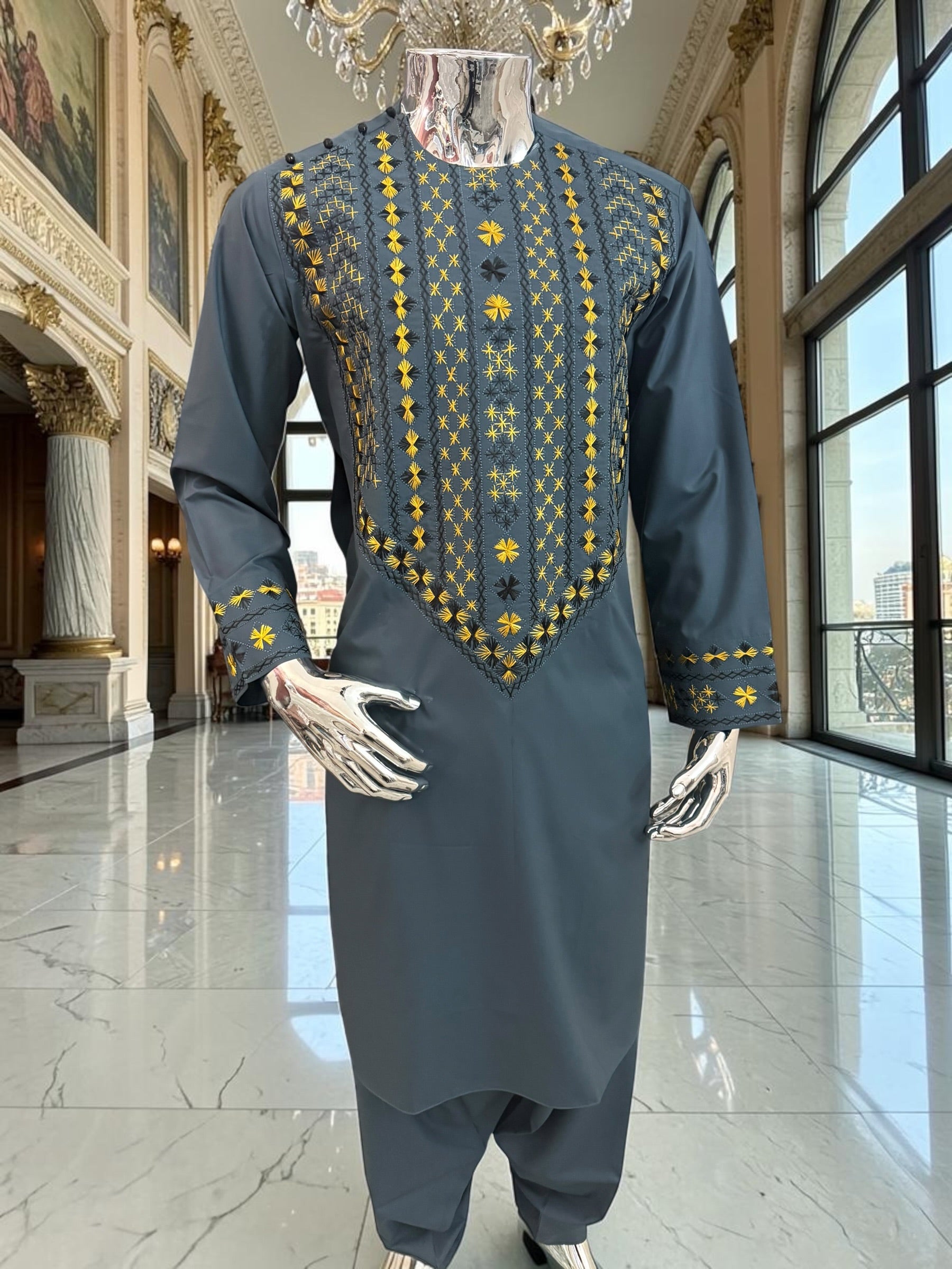 Medium Men’s Afghan Parahan Tunban Set – Dark Slate Blue with Premium Gold & Black Hand Embroidery with Chadder/patto