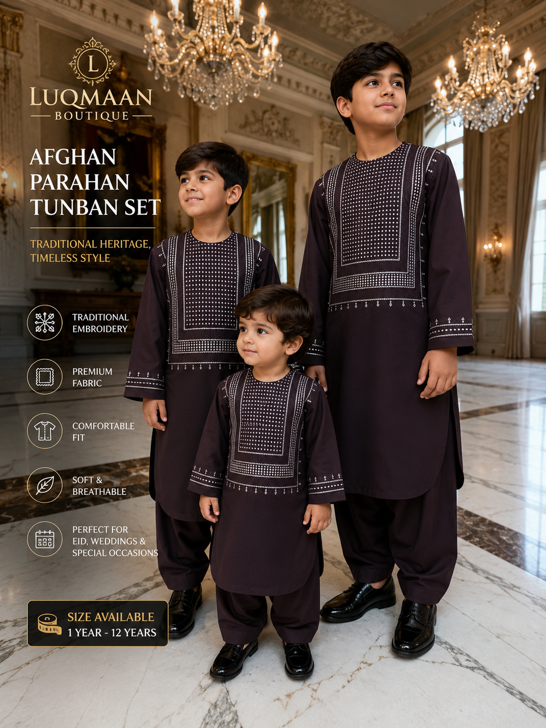 Deep Plum Kids Afghan Parahan Tunban Set – Premium Embroidered Traditional Afghan Outfit for Boys (Ages 1–12 Years) Design #24