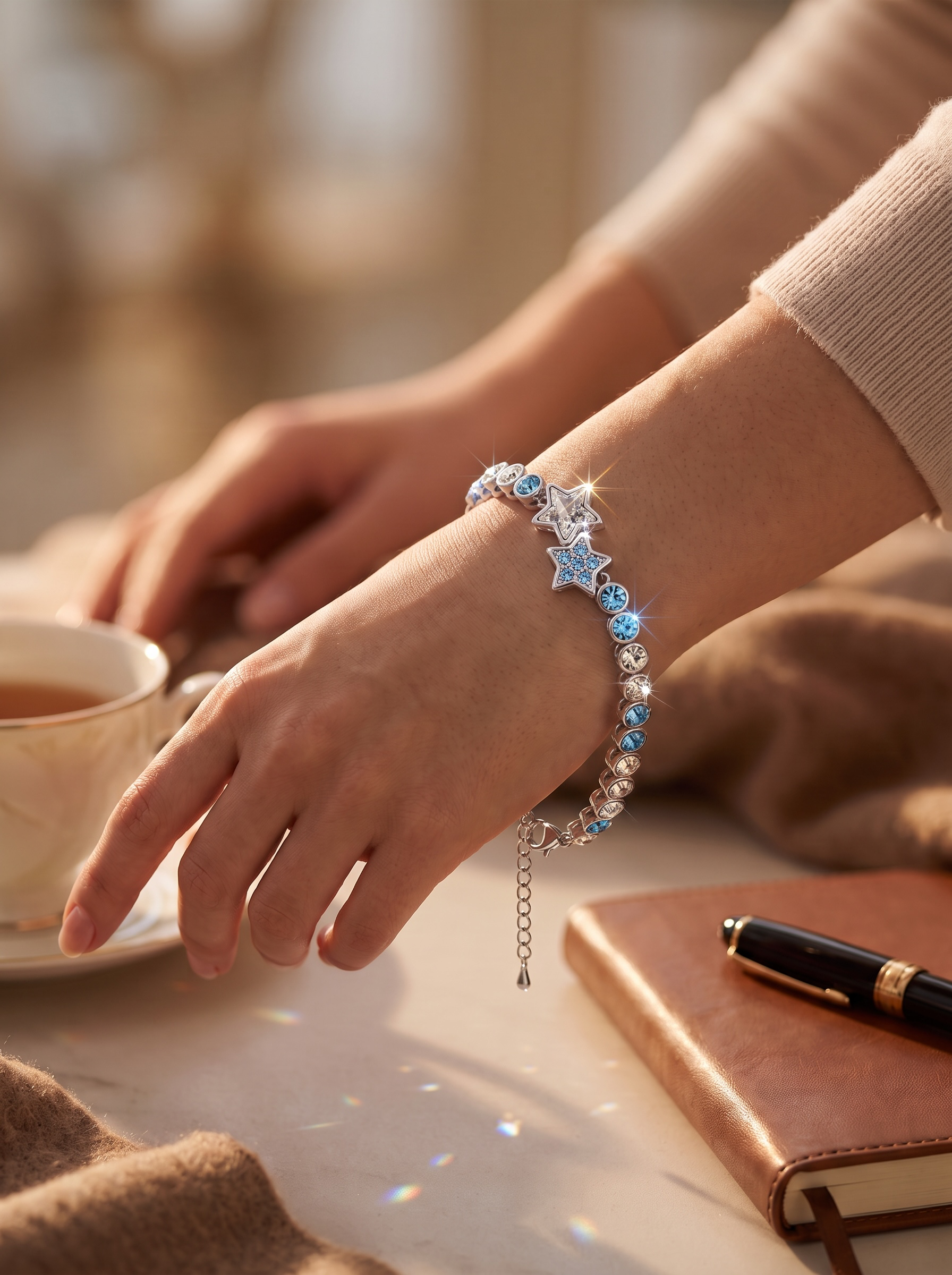 Blue & Clear Crystal Star Bracelet – Silver-Tone Celestial Tennis Bracelet for Women 7070