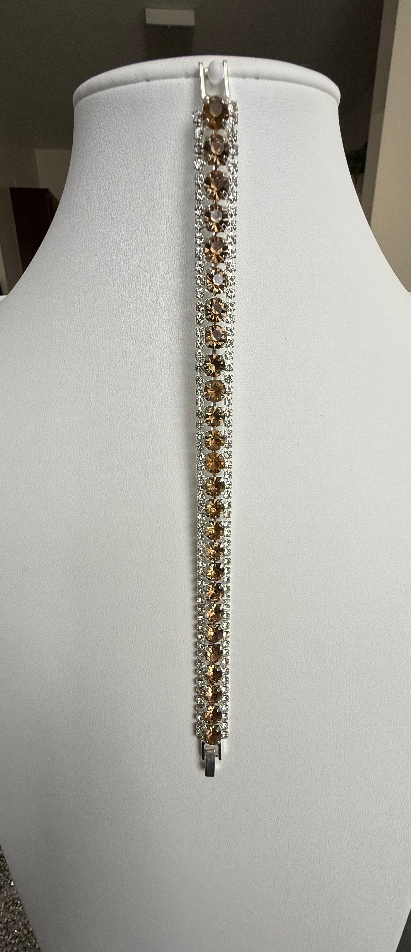 Champagne Crystal Double Row Tennis Bracelet – Silver Tone Statement Bracelet 7108