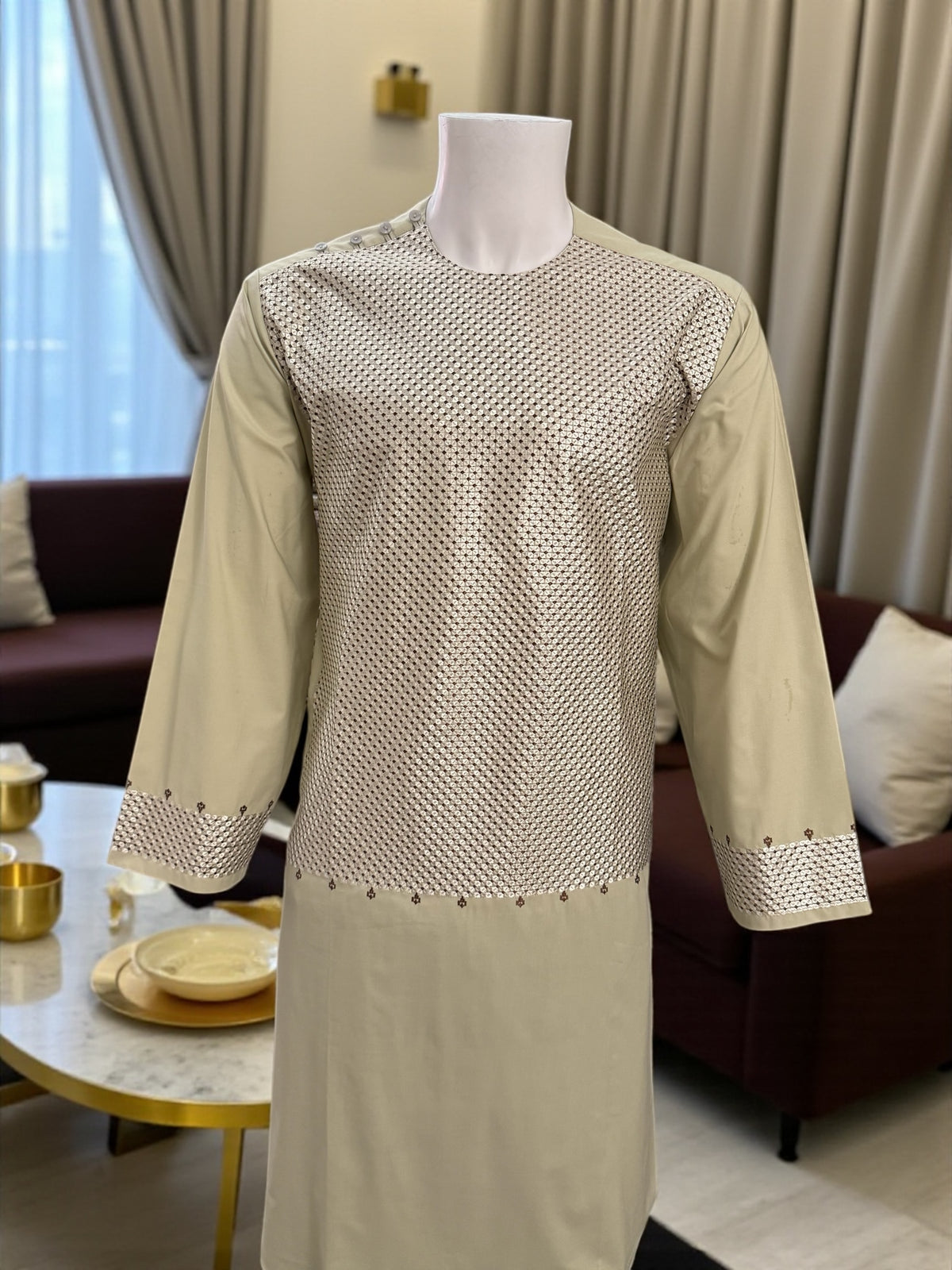 Men’s Light Beige Kameez with Embroidery