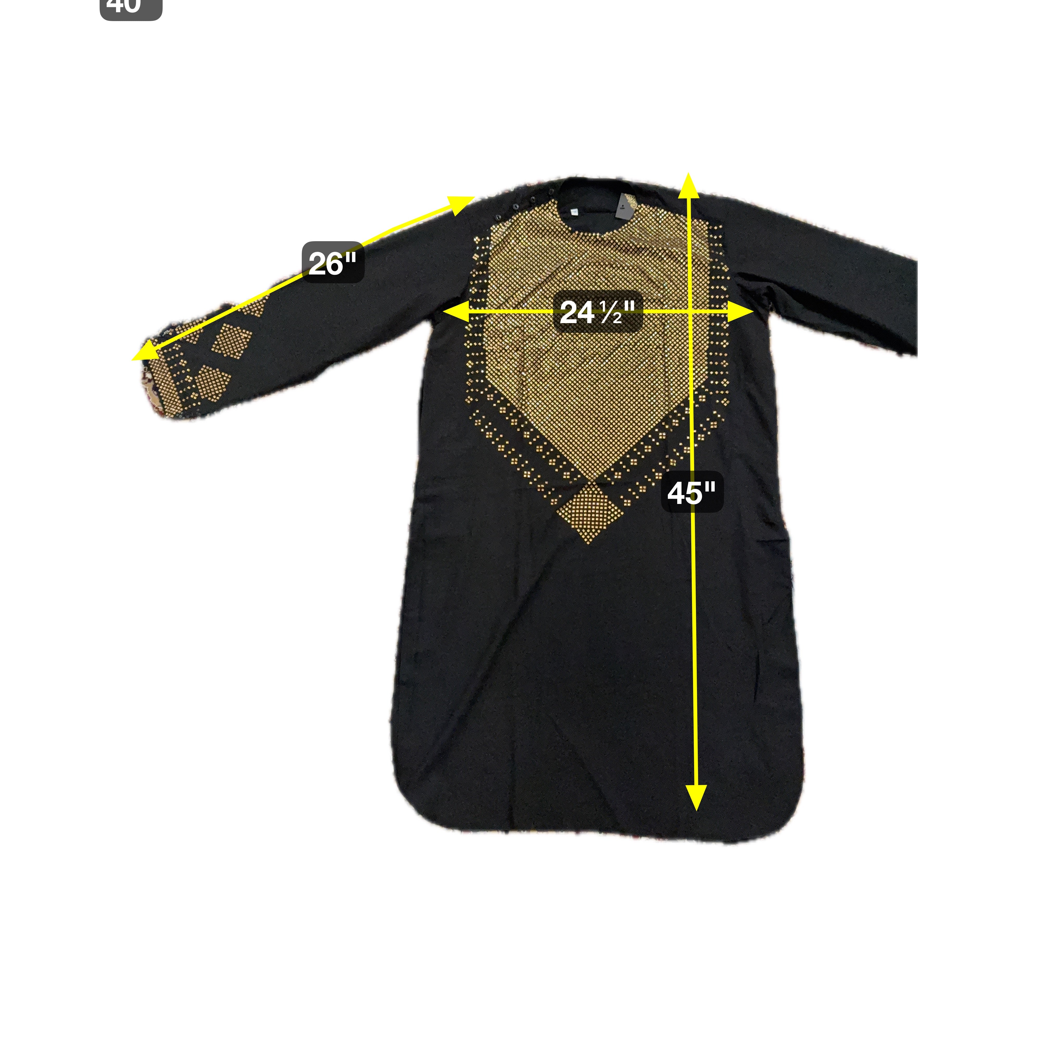 Men’s Black Afghan Traditional Kameez Shalwar with Geometric Mirror work XL. Minor Imperfection – Special Discount