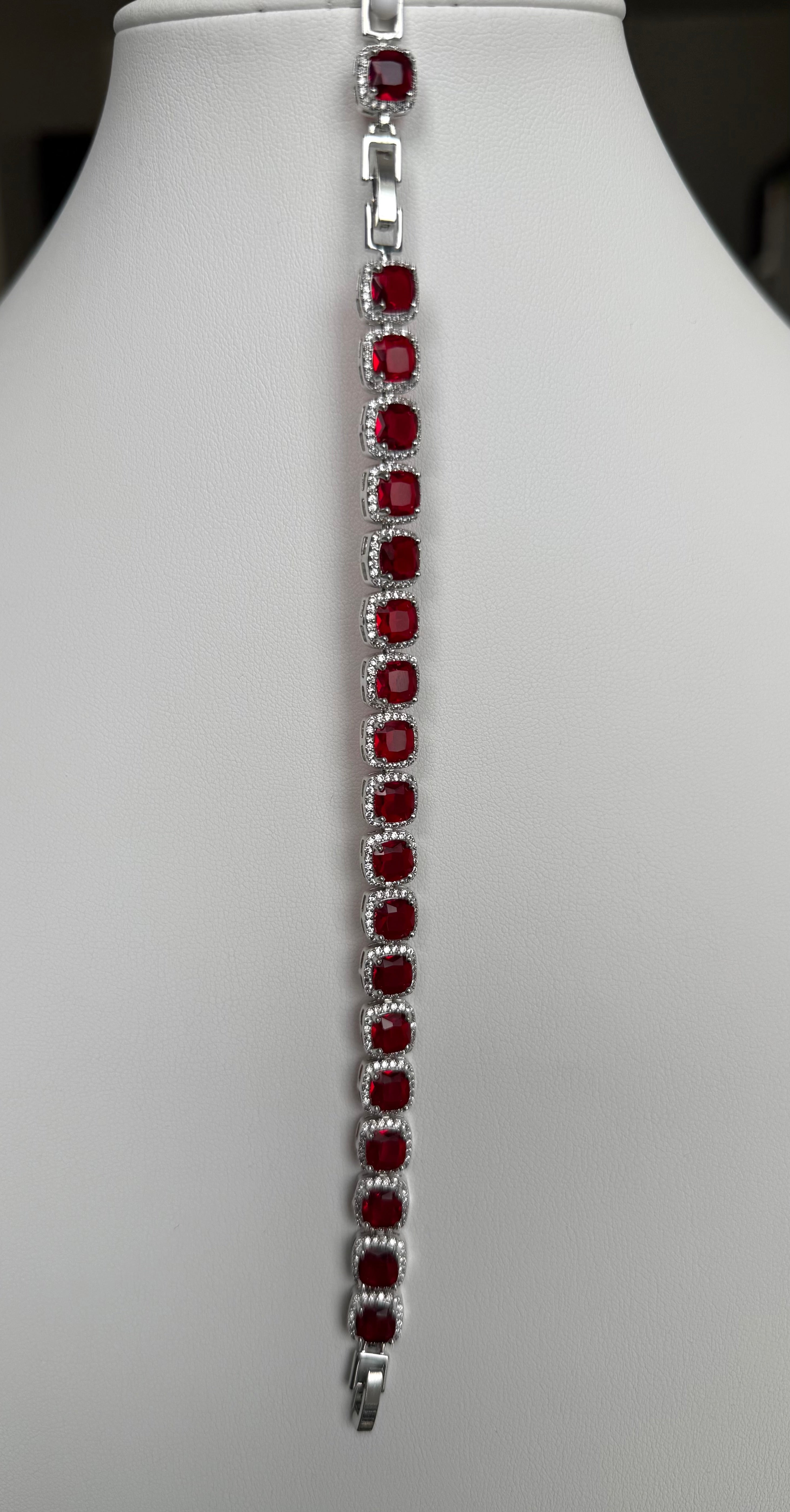 Ruby Red Cushion-Cut Crystal Halo Link Bracelet – Silver Tone Statement Jewelry 7134
