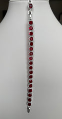 Ruby Red Cushion-Cut Crystal Halo Link Bracelet – Silver Tone Statement Jewelry 7134