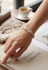 Blush Peach Crystal Leaf Bracelet – Silver Tone Elegant Sparkling Link Jewelry 7103