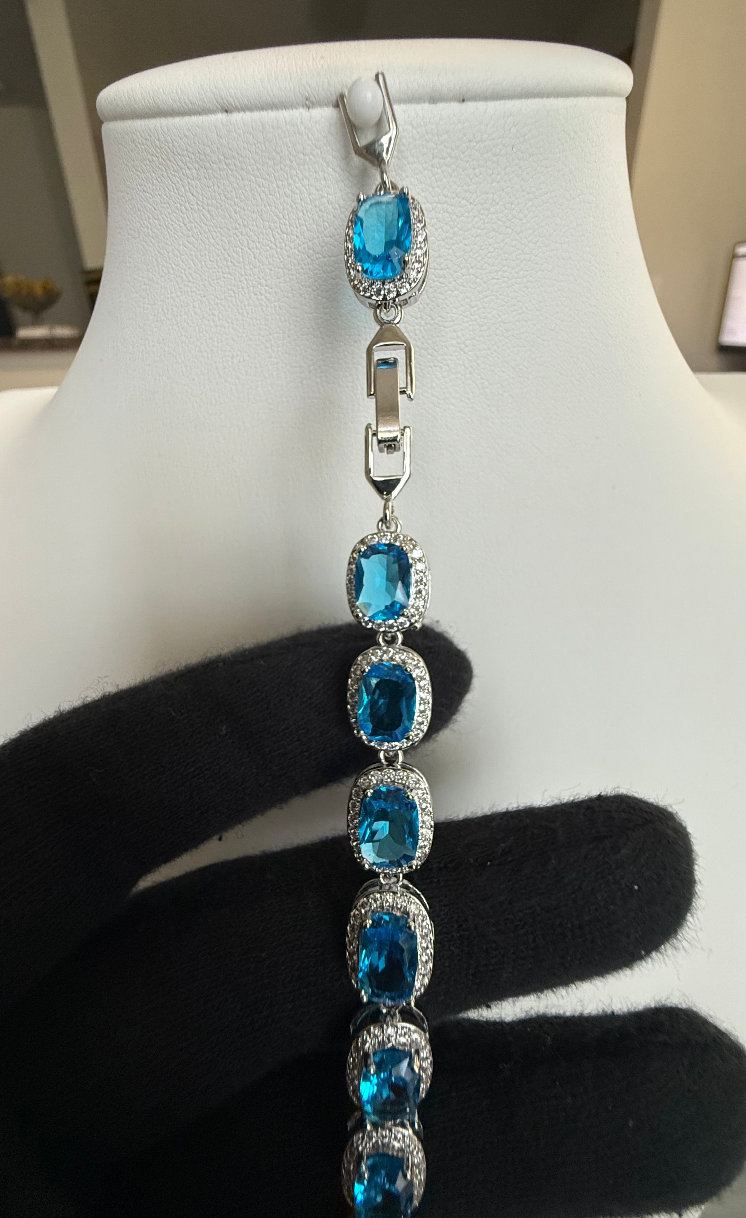 Aqua Blue Cushion-Cut Crystal Halo Tennis Bracelet – Silver-Tone Statement Jewelry 7115