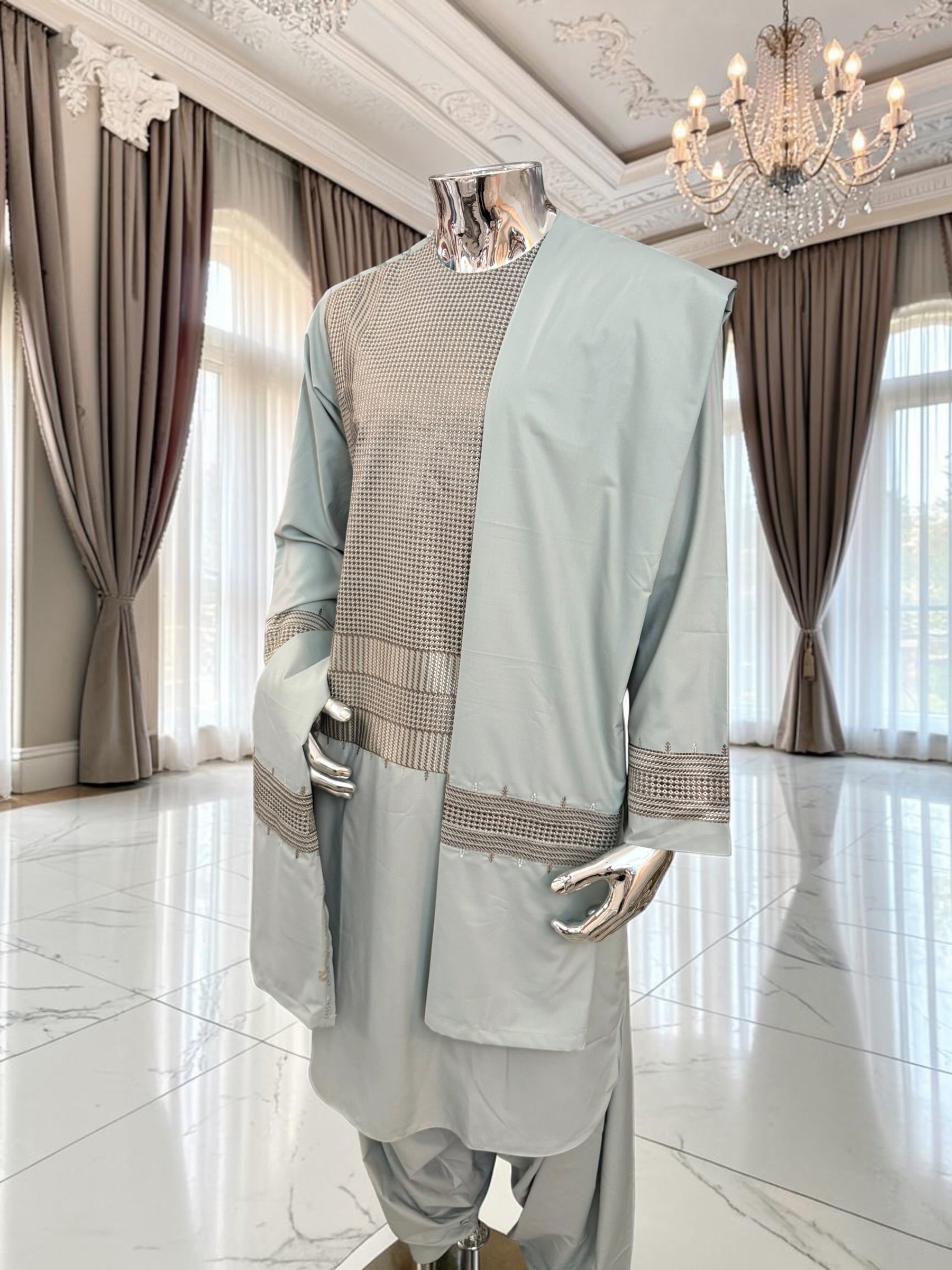 Men’s Sage Gray Embroidered Afghan Parahan Tunban with Matching Shawl – Medium 7232