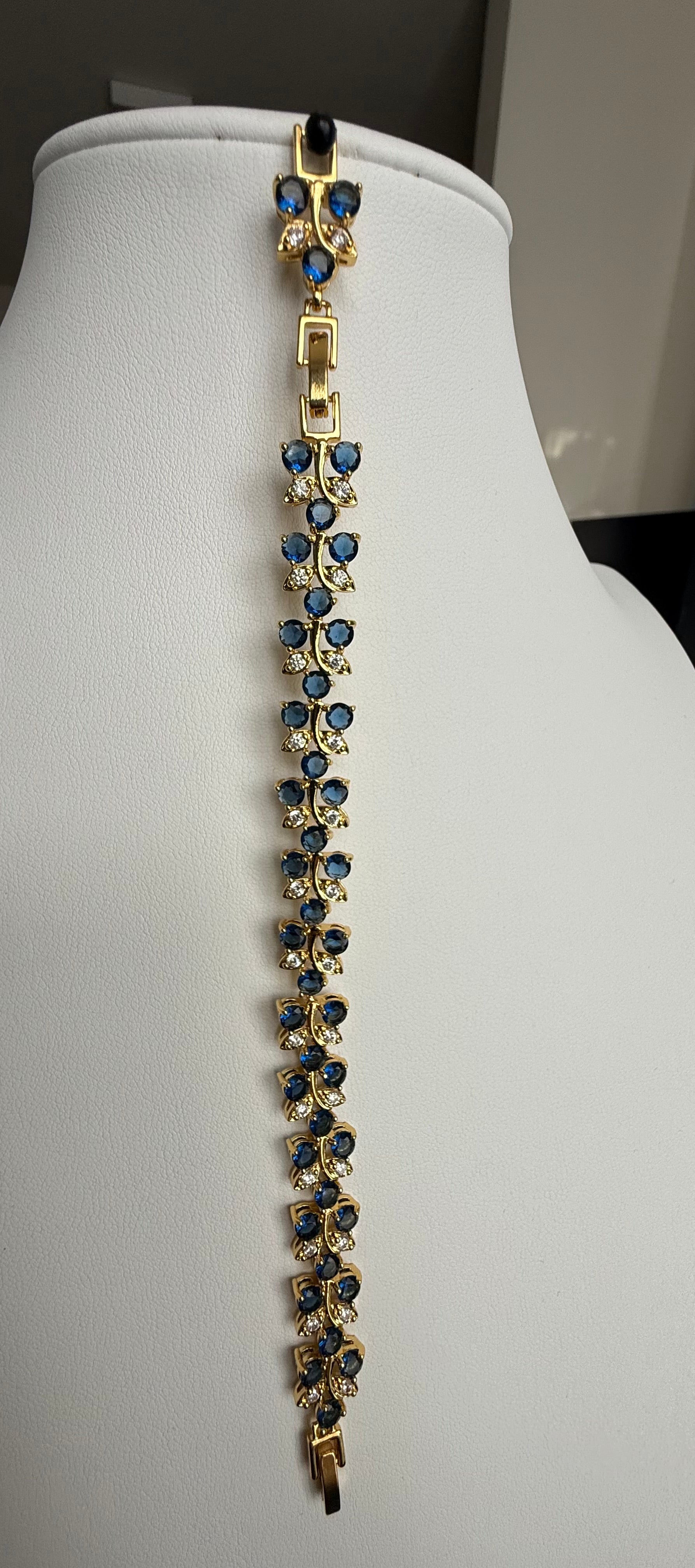 Sapphire Blue Butterfly Crystal Bracelet – Gold Tone Rhinestone Statement Jewelry 7081