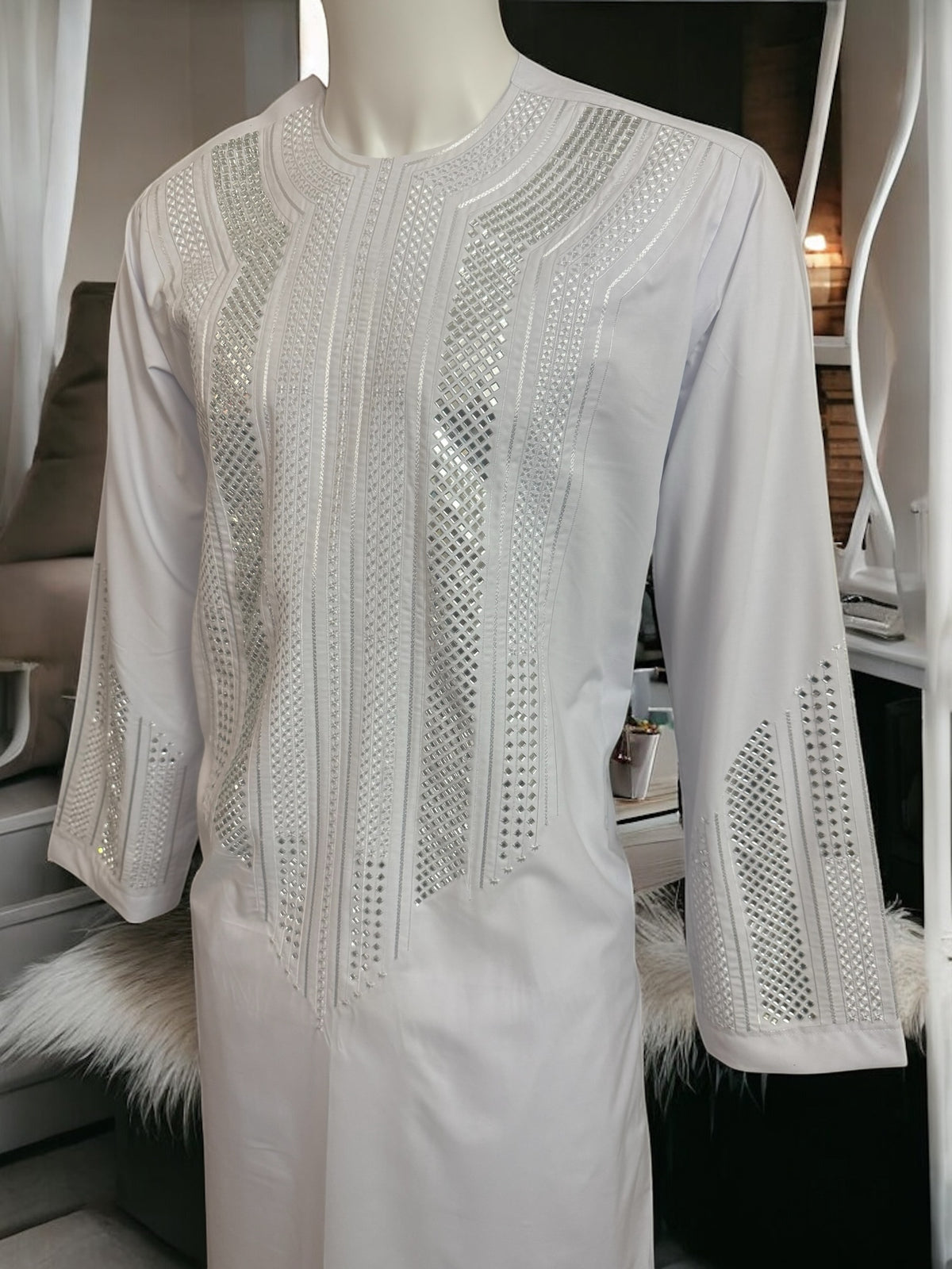 Afghan Parahan Tunban for Men White Silver Shesha Mirror Work Machine Embroidered X-Large (Minor Stain)