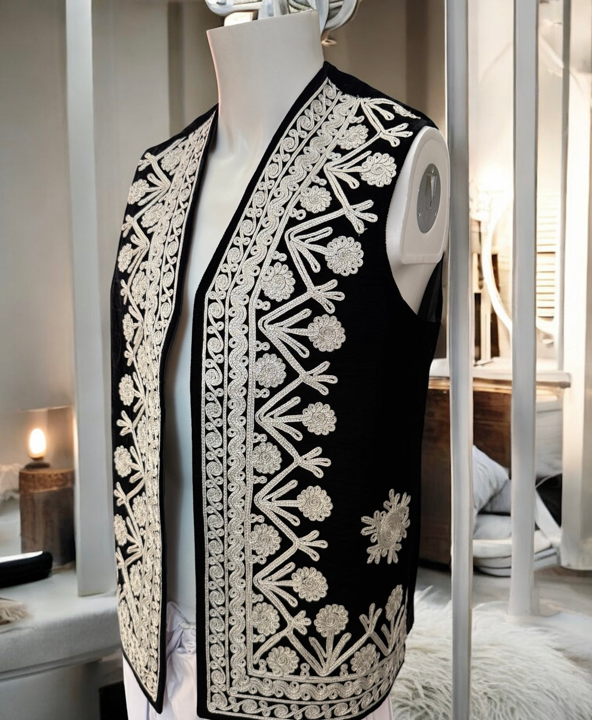Men’s Black Velvet Chermadozi Vest | Handmade Traditional Afghan Waistcoat medium to Large