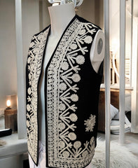 Men’s Black Velvet Chermadozi Vest | Handmade Traditional Afghan Waistcoat medium to Large
