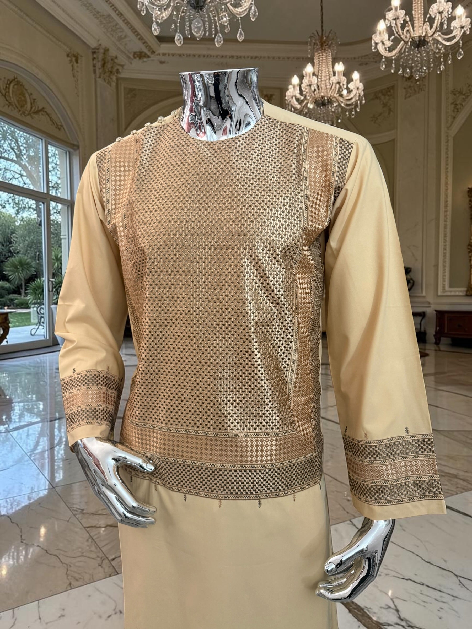 Medium Men’s Tan Parahan Tunban with Premium Machine Embroidery