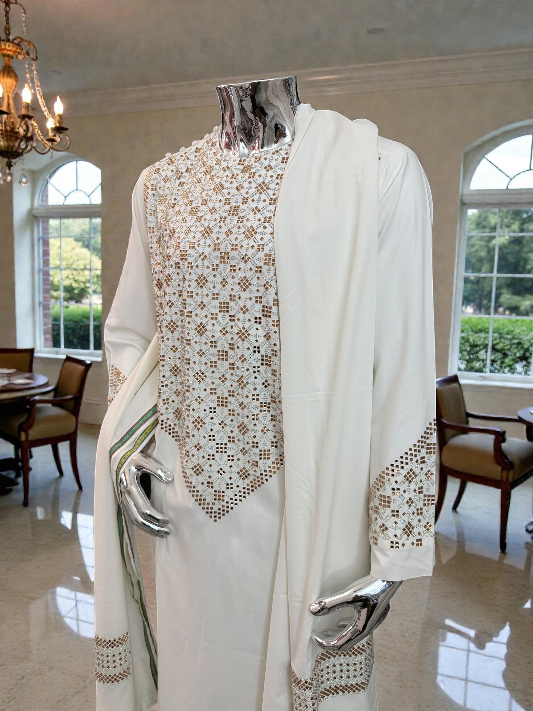 XL Off-White Afghan Kameez 3-Piece Set with Gold Shesha Work | Traditional Men’s Outfit