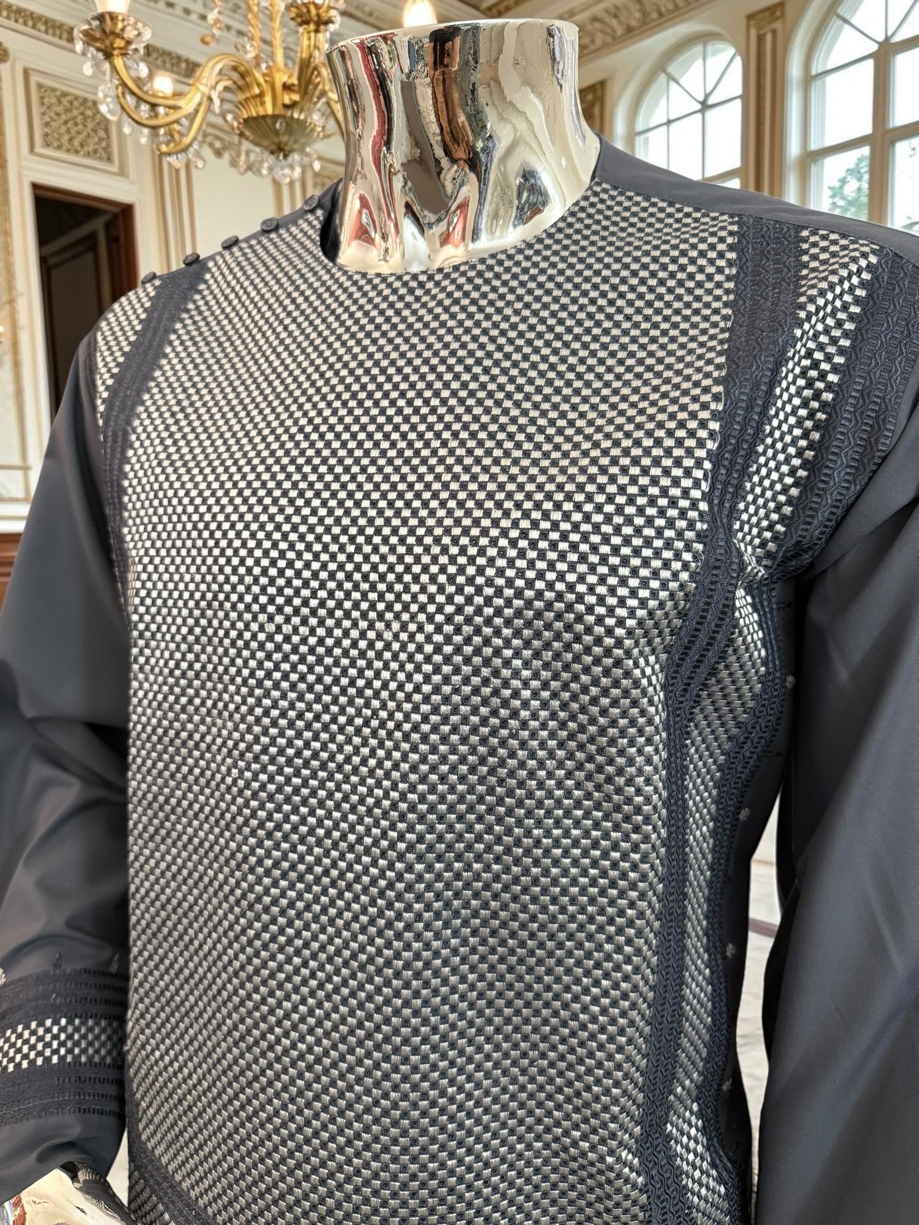 X-Large Charcoal Grey Men’s Shalwar Kameez Yakhandozi with Matching Grey and White Geometric Embroidery | Premium Traditional Wear