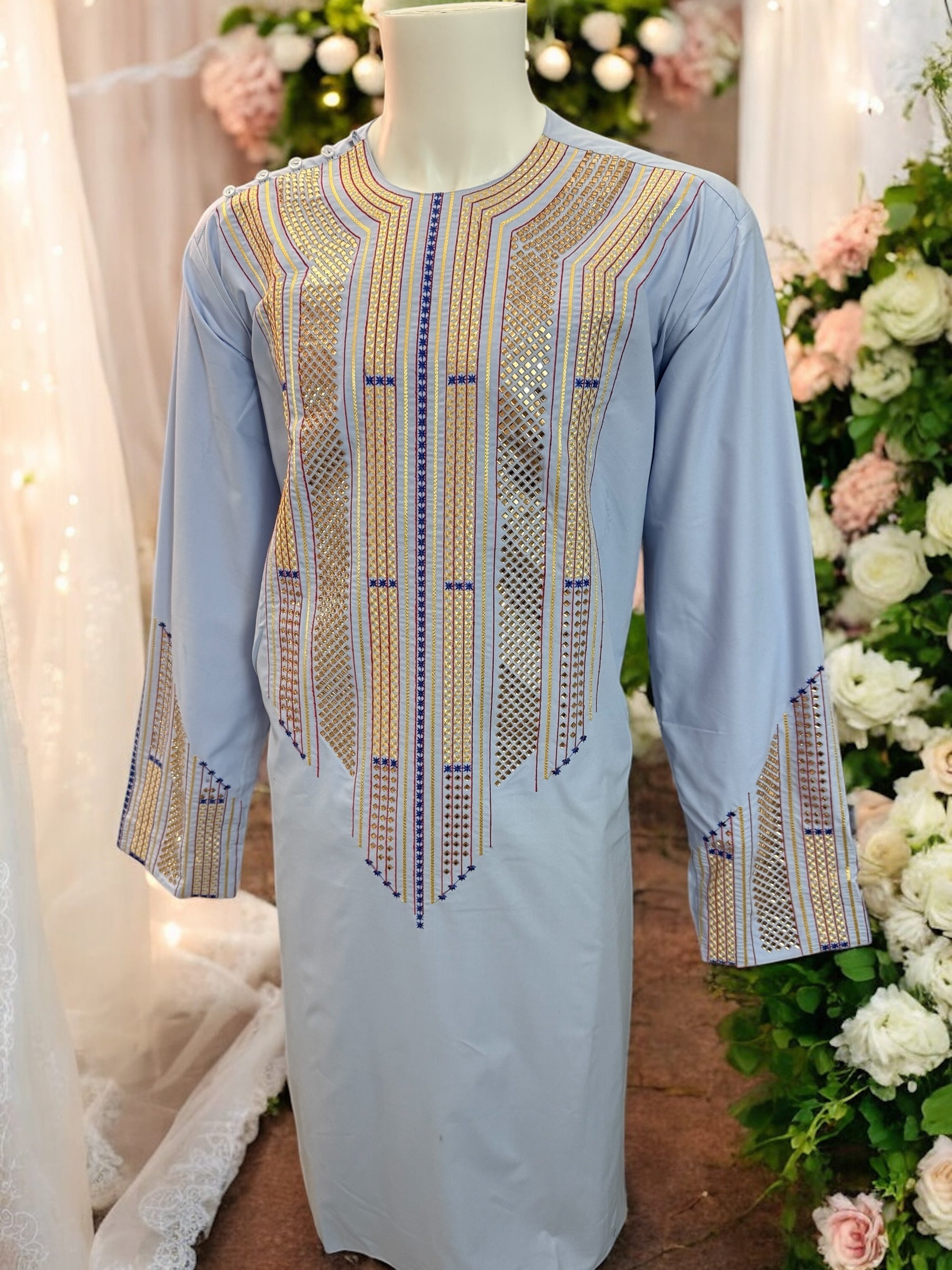 Afghan Parahan Tunban for Men Light Blue Gold and Blue Shesha Mirror Work Machine Embroidered X-Large