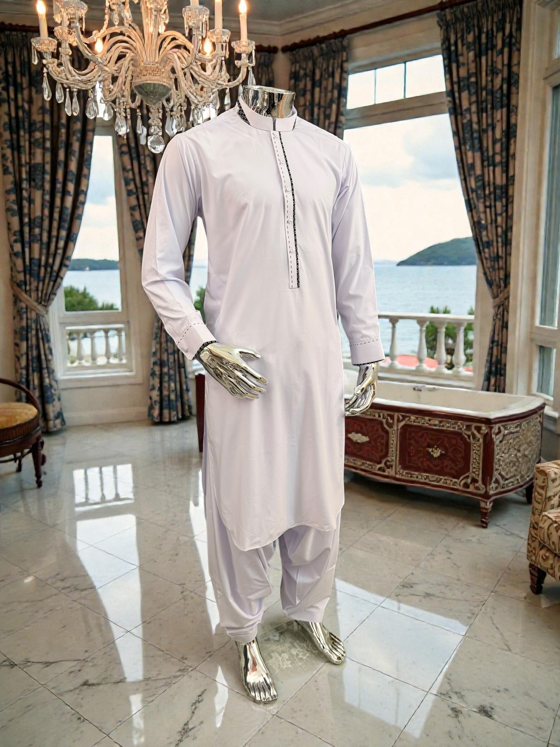 Men’s White Afghan Parahan Tumban with Black Embroidered Placket – Premium Cotton-Blend Fabric | Medium Size