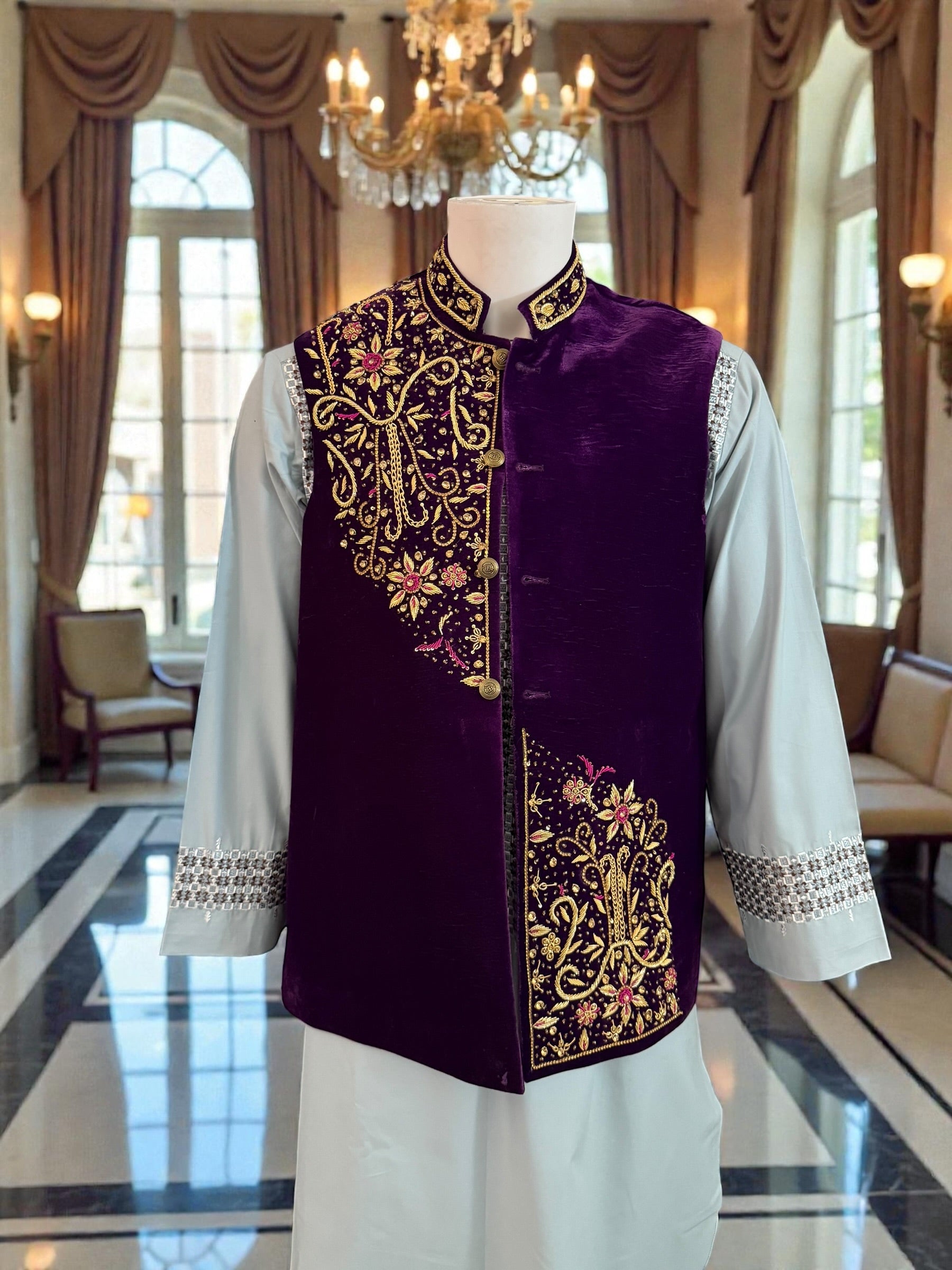 Large Royal Purple Velvet Waistcoat – Luxury Gold & Pink Hand-Embroidered Dabka, Zari, Tilla Work Medium to Large