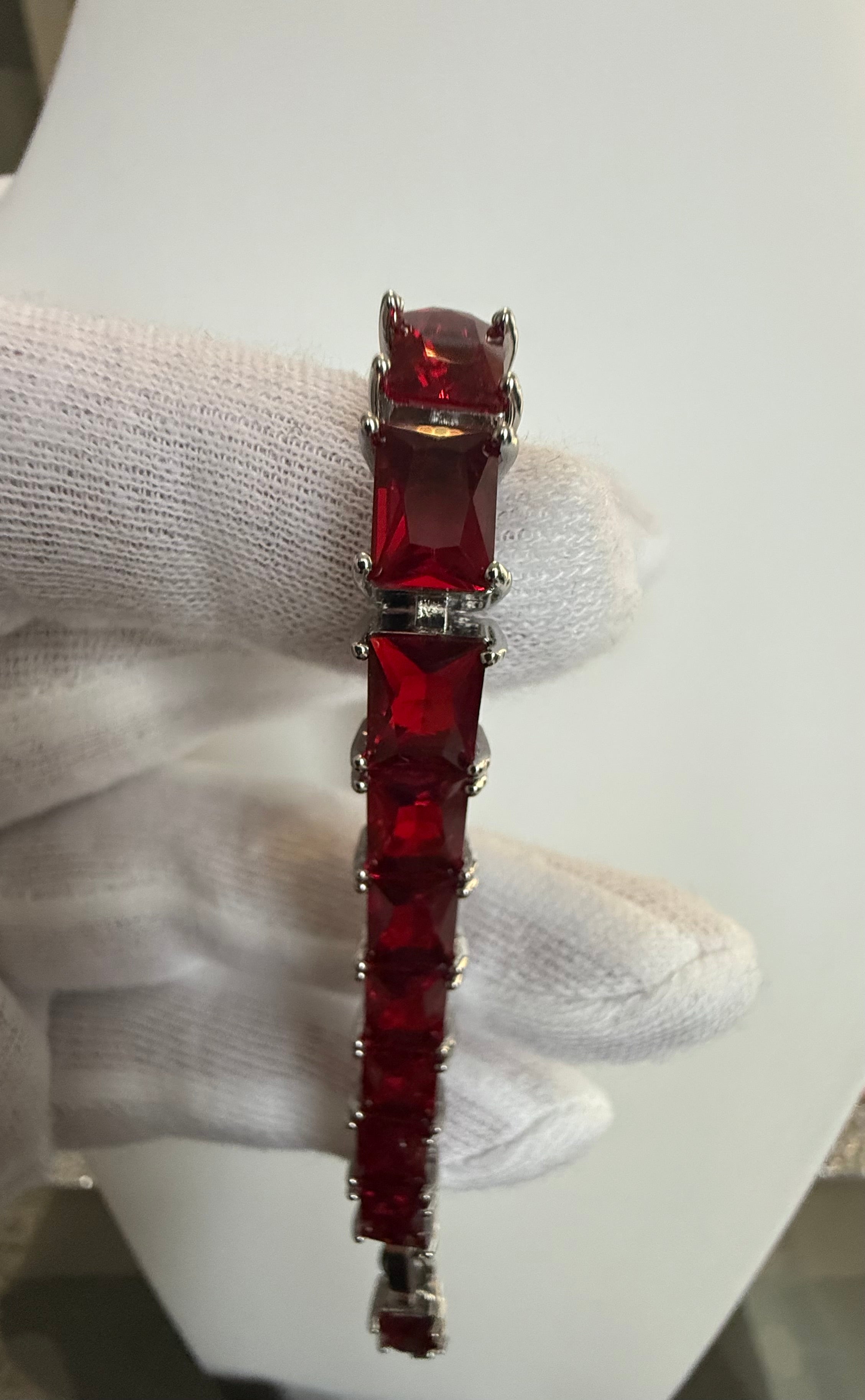 Ruby Red Rectangular Crystal Tennis Bracelet – Silver Tone Statement Bracelet for Women 7111