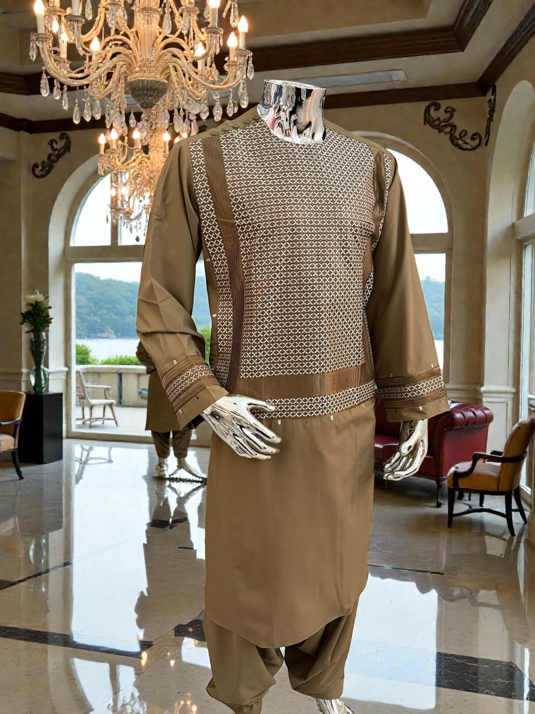 Men’s Camel Brown Parahan Tumban with Matching Embroidery – Afghan Traditional Outfit (Large)