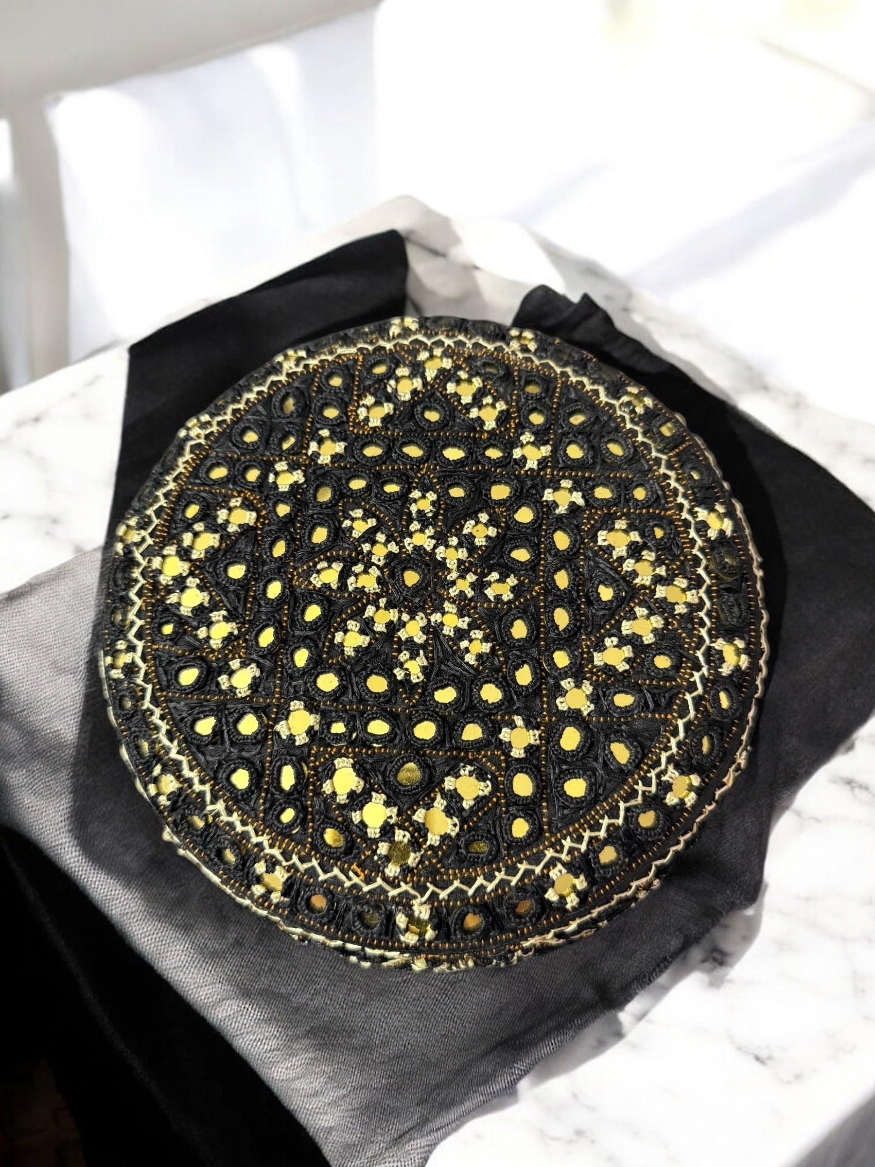 Black and Gold Baluchi Hat with Brown Accents – Hand Embroidered Traditional Men’s Cap with Shesha Mirror Work