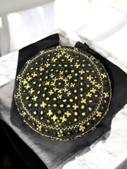 Black and Gold Baluchi Hat with Brown Accents – Hand Embroidered Traditional Men’s Cap with Shesha Mirror Work