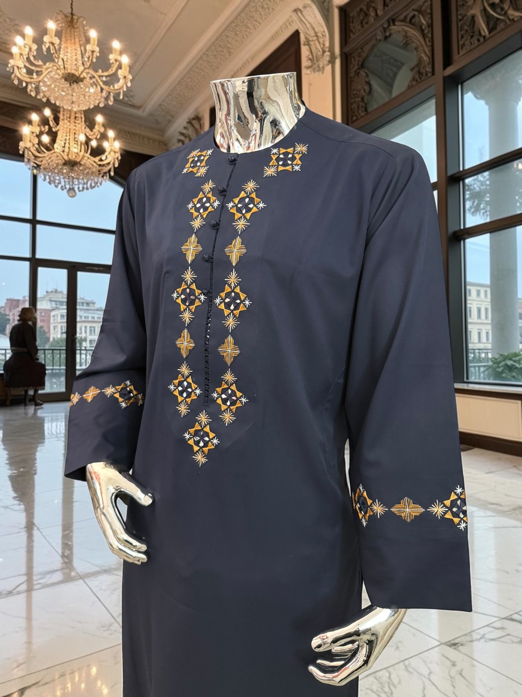 Large Men’s Navy Afghan Parahan Tunban Set with Premium Hand Embroidery with Mirror work & Matching Chadder/patto
