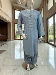 Small Grayish Blue Afghan Men’s Parahan Tunban Set – Premium Embroidered Traditional Outfit with chadder/patto