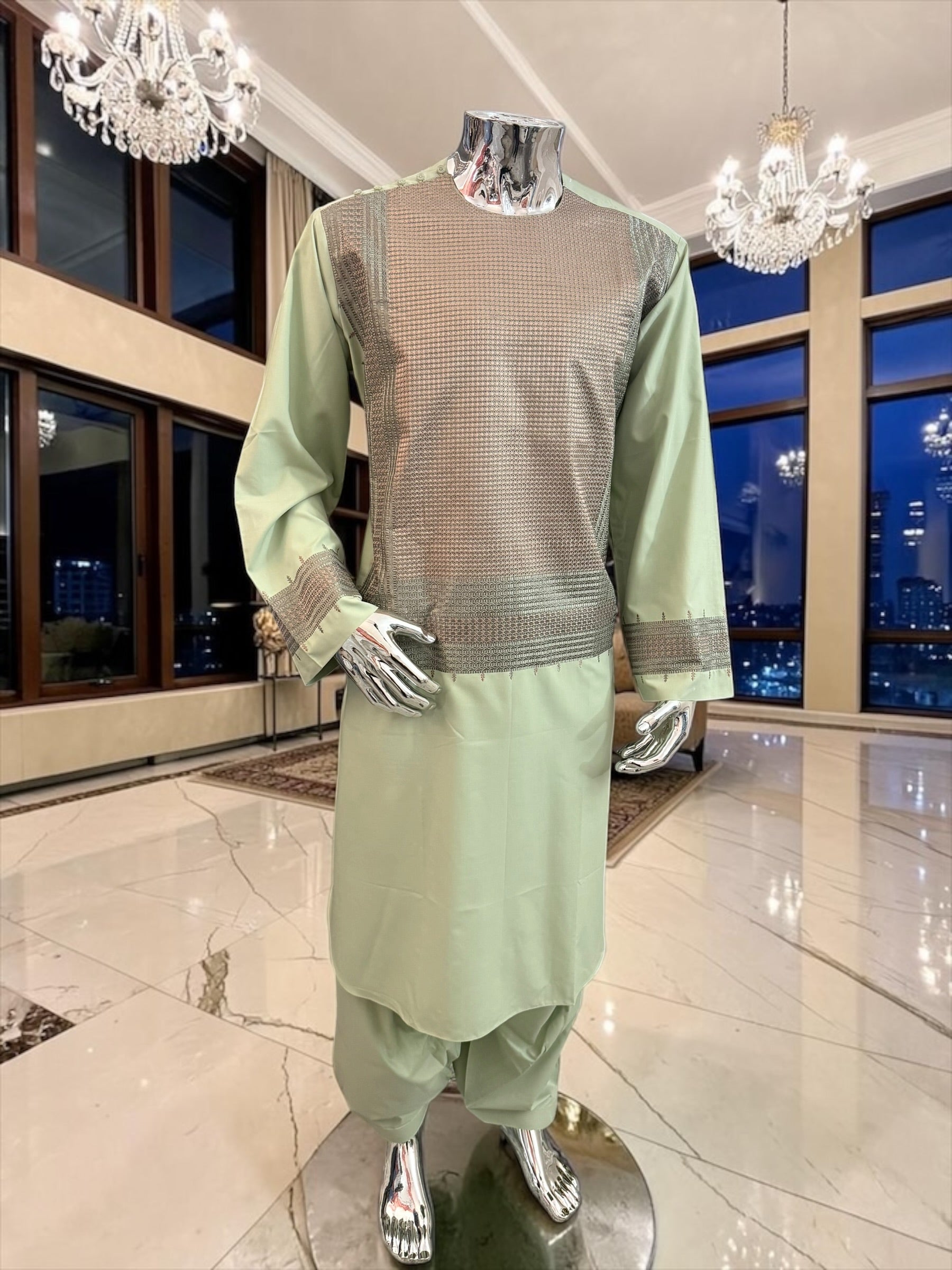 X-Large Pistachio Green Kandahari Parahan Tunban for Men | Premium Afghan Traditional Wear
