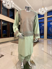 X-Large Pistachio Green Kandahari Parahan Tunban for Men | Premium Afghan Traditional Wear