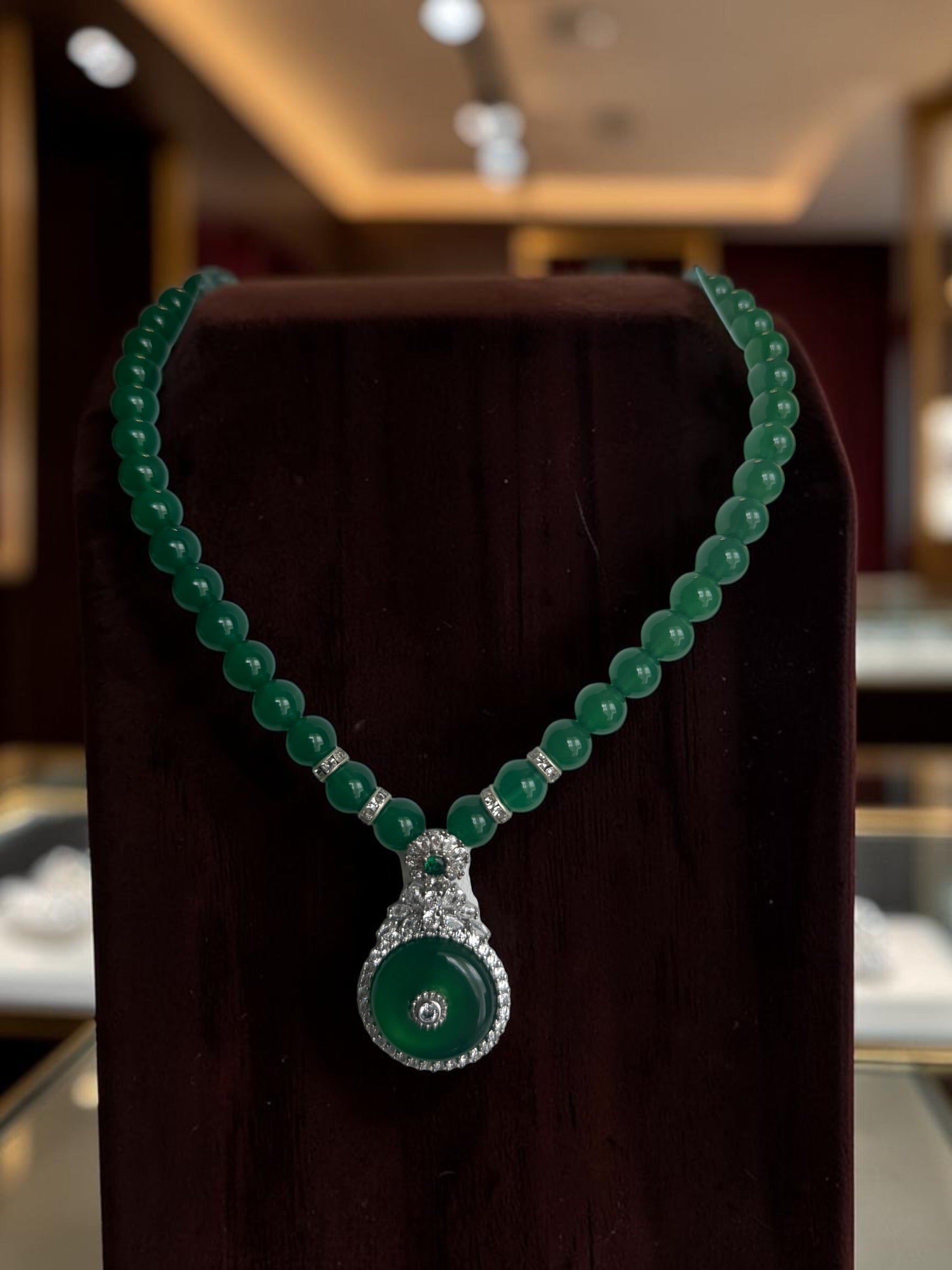Natural Green Agate Beaded Donut Pendant Necklace – Silver Plated Brass with Chalcedony & Zirconia Accents – Statement Gemstone Jewelry with Certificate 6007