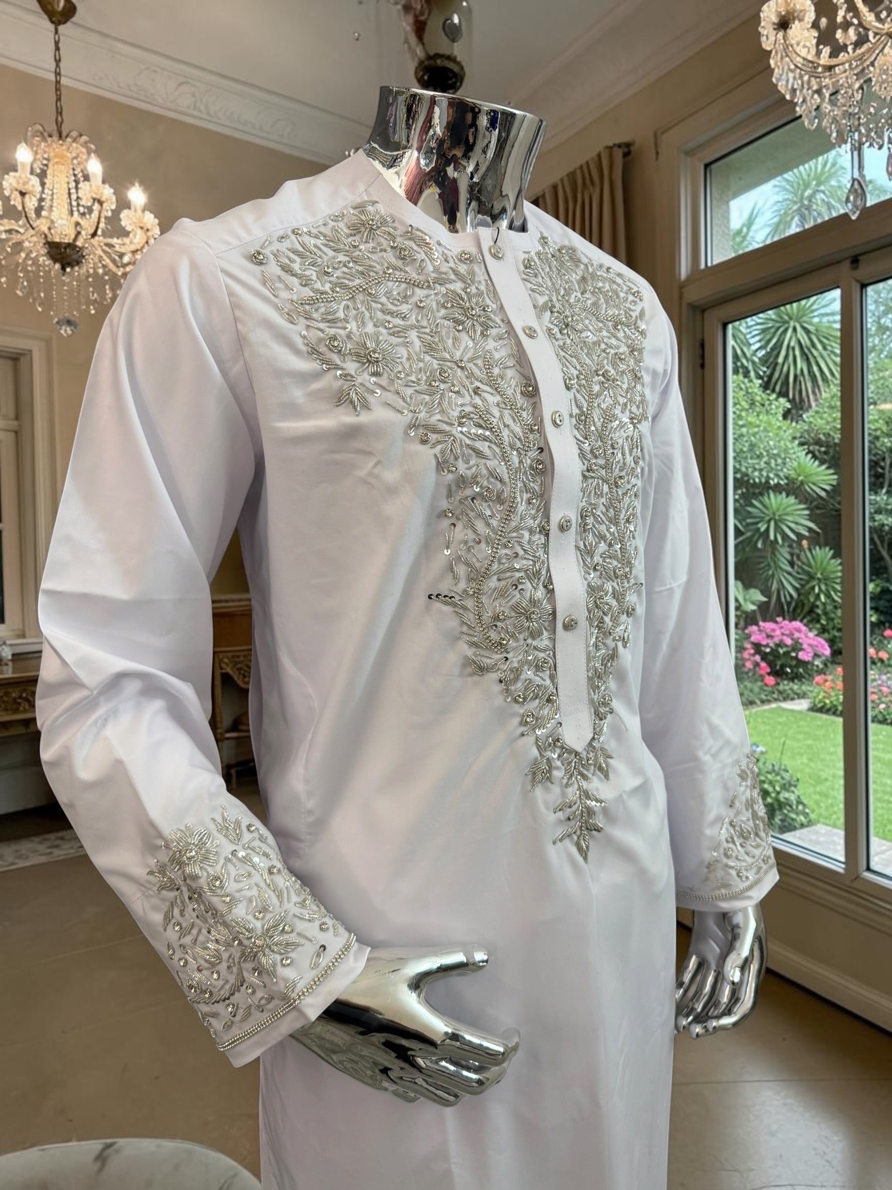 Handmade Afghan Selmadozi Embroidered Men’s Perahan Tunban – Luxury Traditional Formal Outfit – Available in Black, Ivory & White