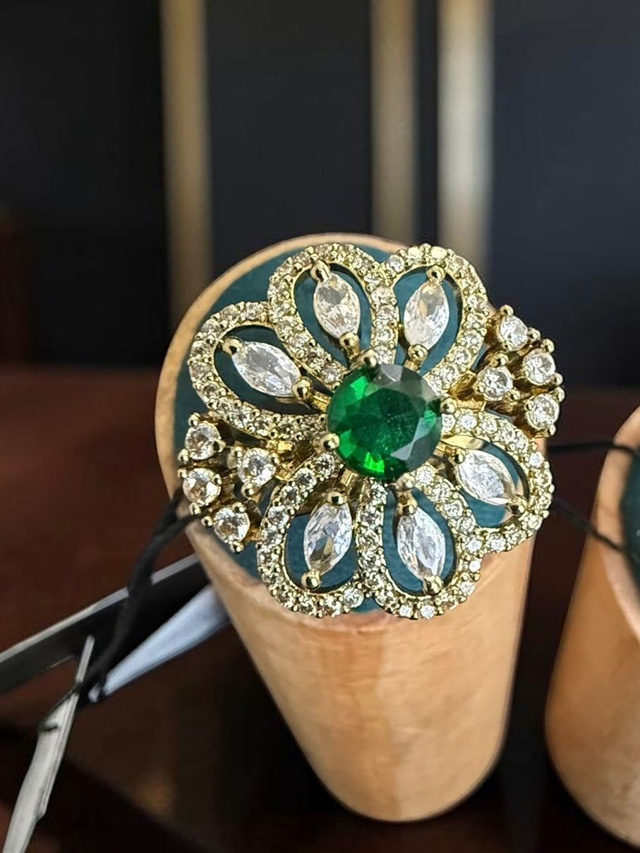 Adjustable American Diamond Floral Statement Ring | Gold-Tone Brass | 6 Color Options | Gift Box Included | Indian Pakistani Afghan Jewelry