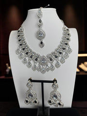 Silver Tone Bridal Jewelry Set with Clear & Black Crystal Accents – Necklace, Earrings & Maang Tikka | Indian Pakistani Afghan Wedding Jewelry | Gift Box Included 6025