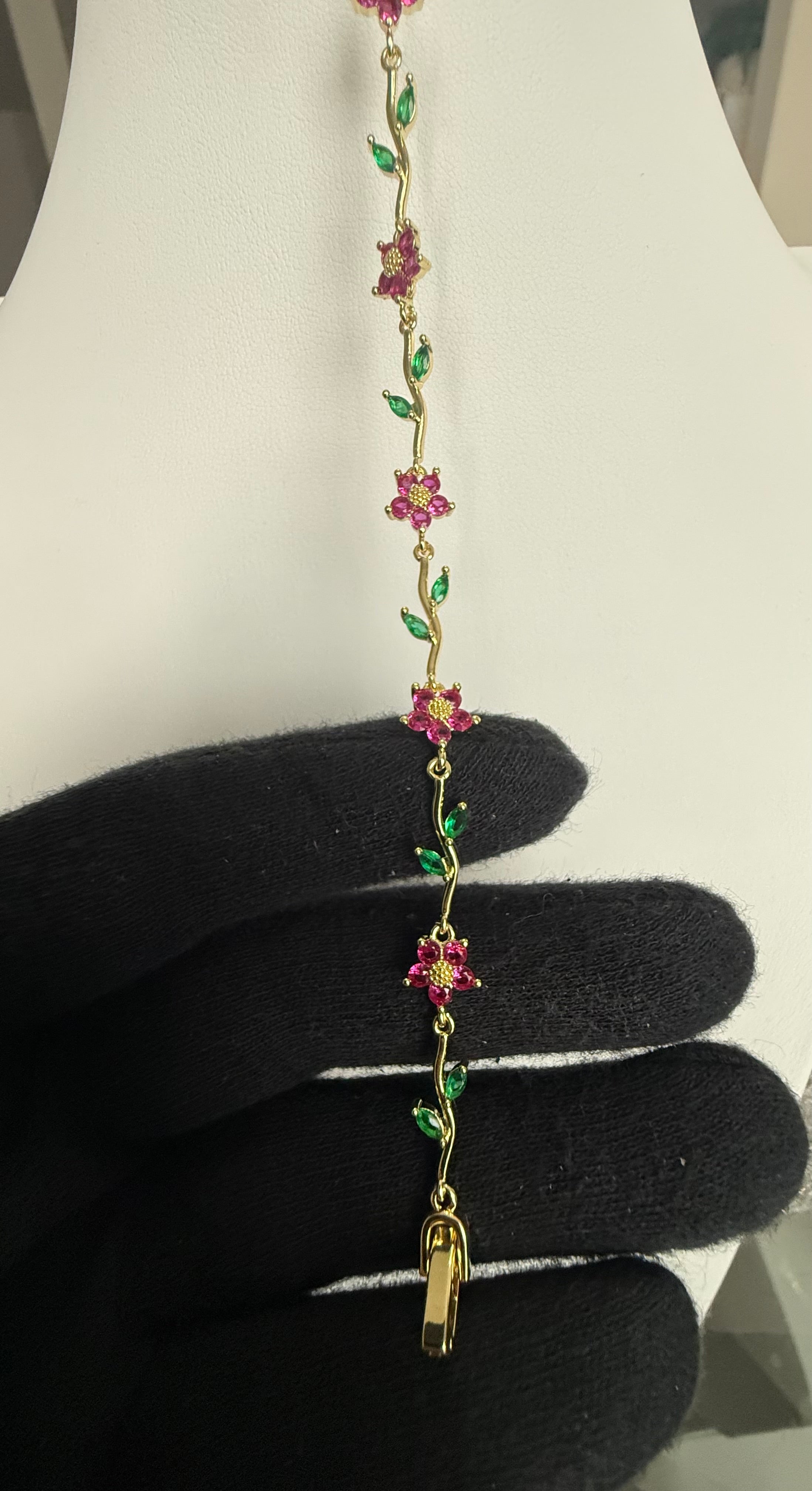 Pink & Green Floral Crystal Bracelet – Gold-Tone Vine & Flower Bracelet for Women 7121