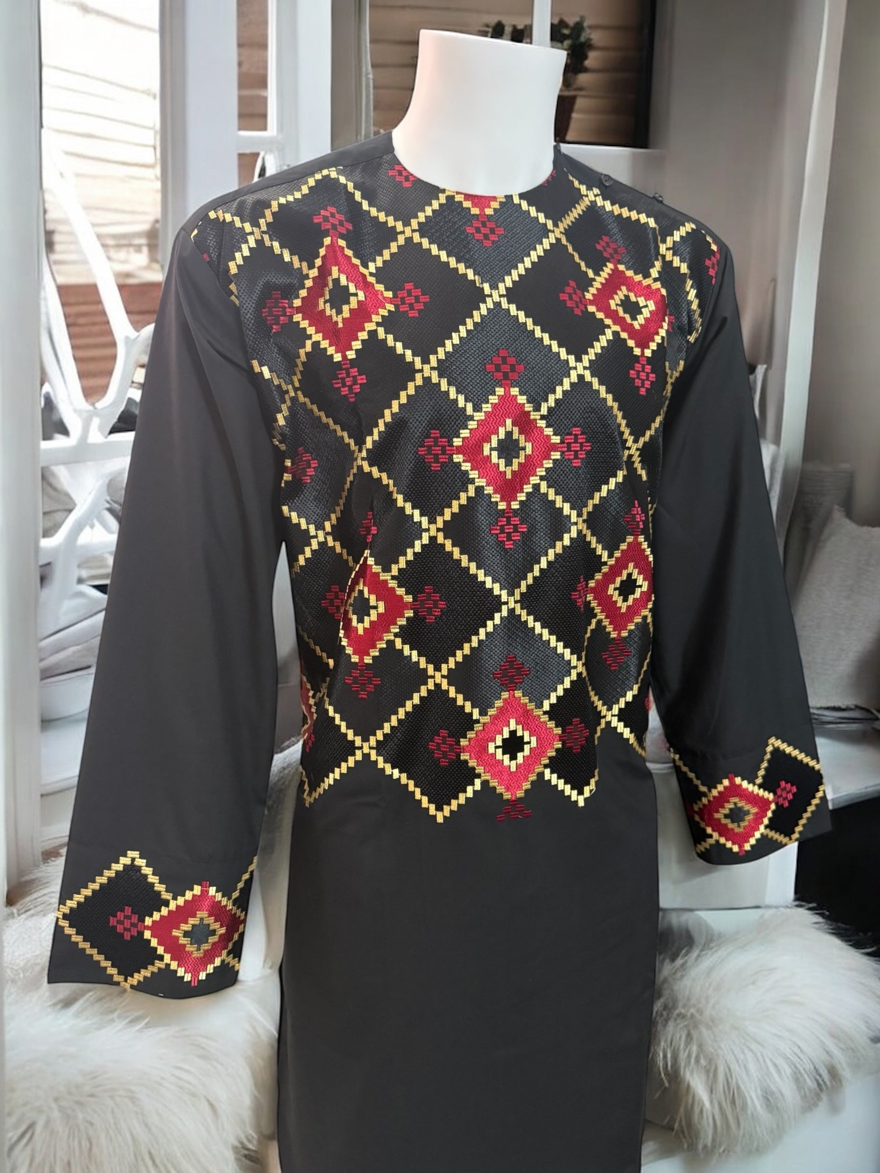 Afghan Parahan Tunban for Men Machine Embroidered Black Red Gold Traditional Wear Large