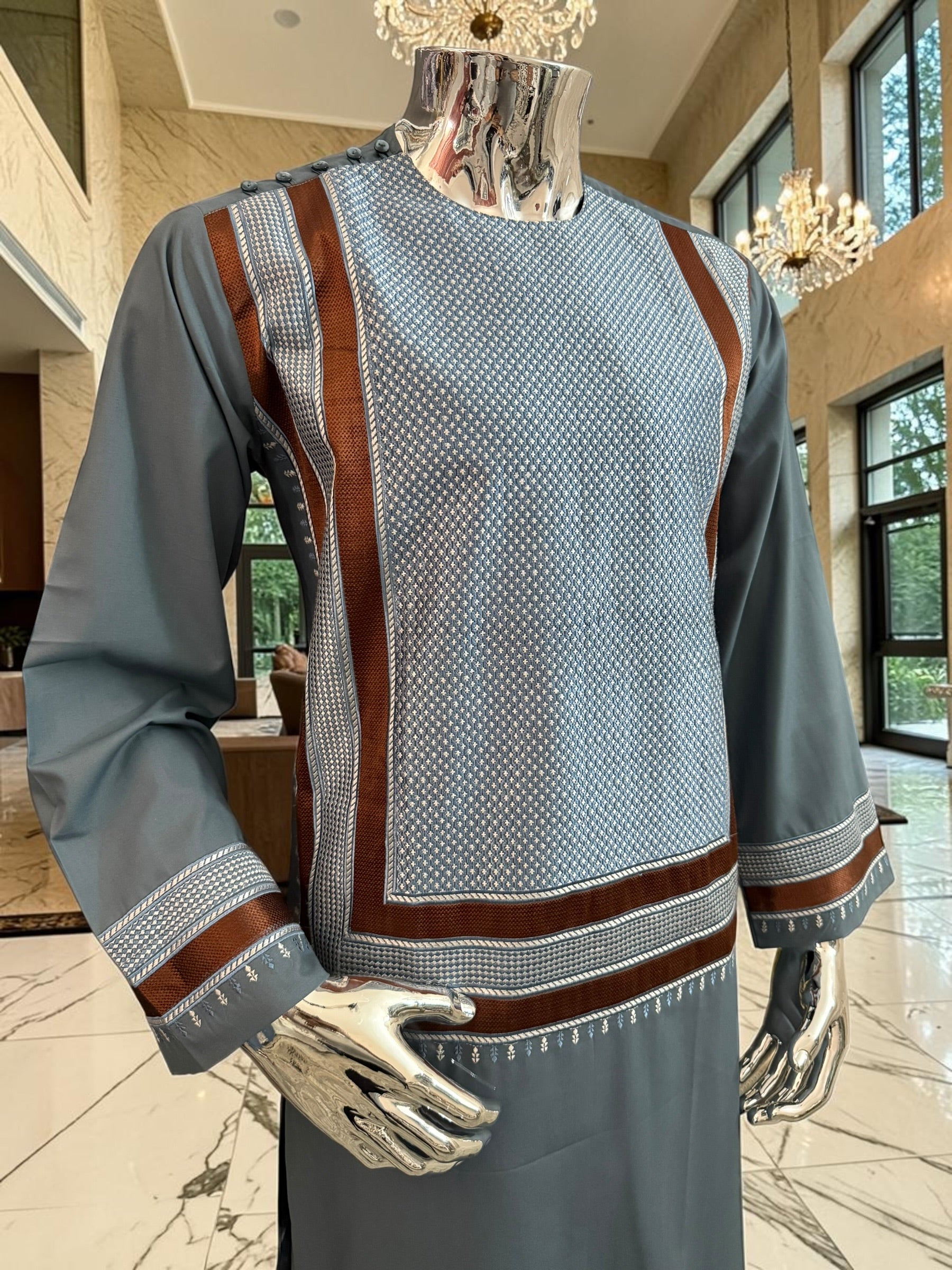 Medium Steel Blue Parahan Tunban with White & Brown Embroidery | Premium Afghan Traditional Wear