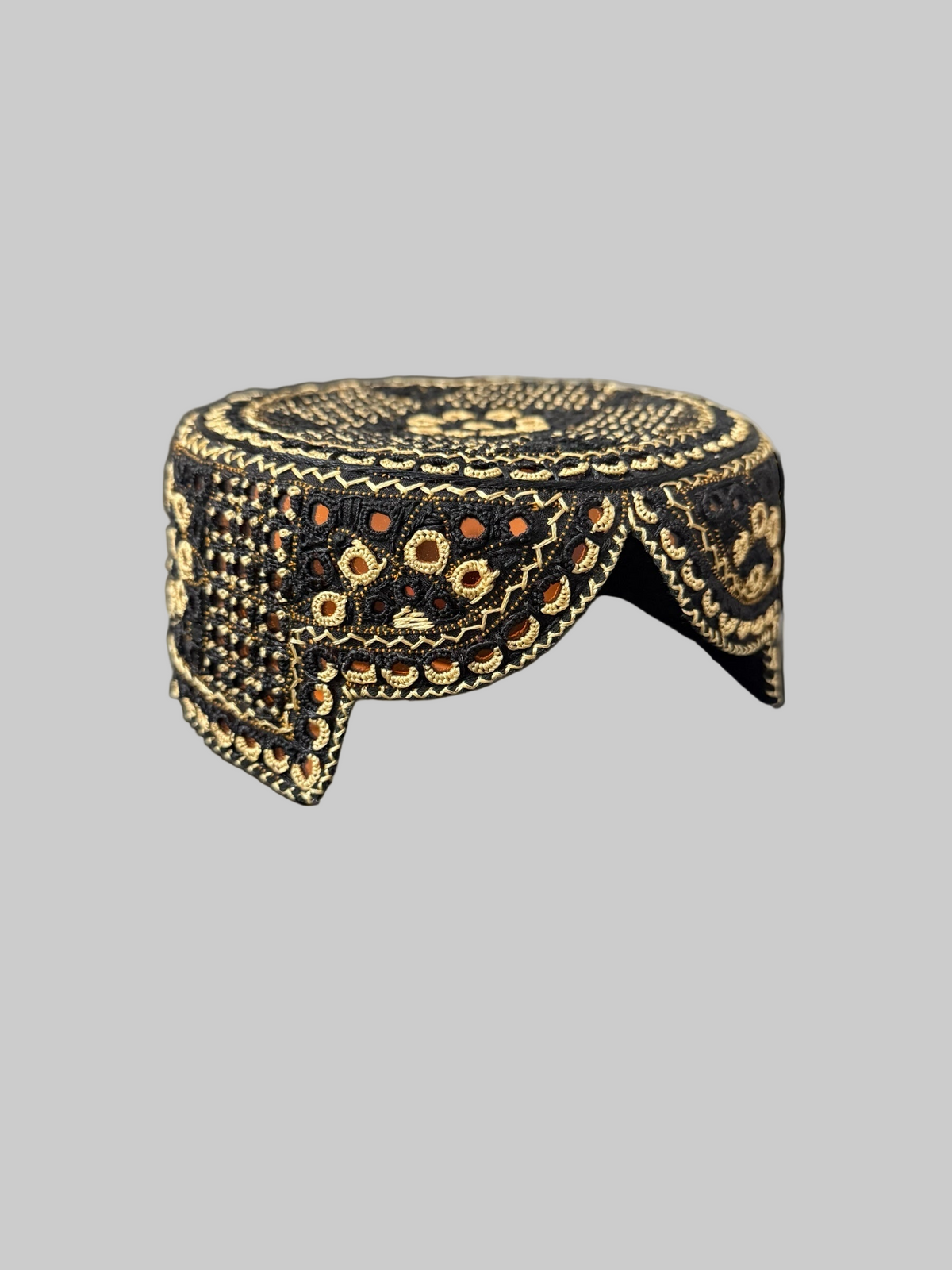Handcrafted Black and Beige Embroidered Cap with Mirror Work – Traditional Afghan Men’s Hat