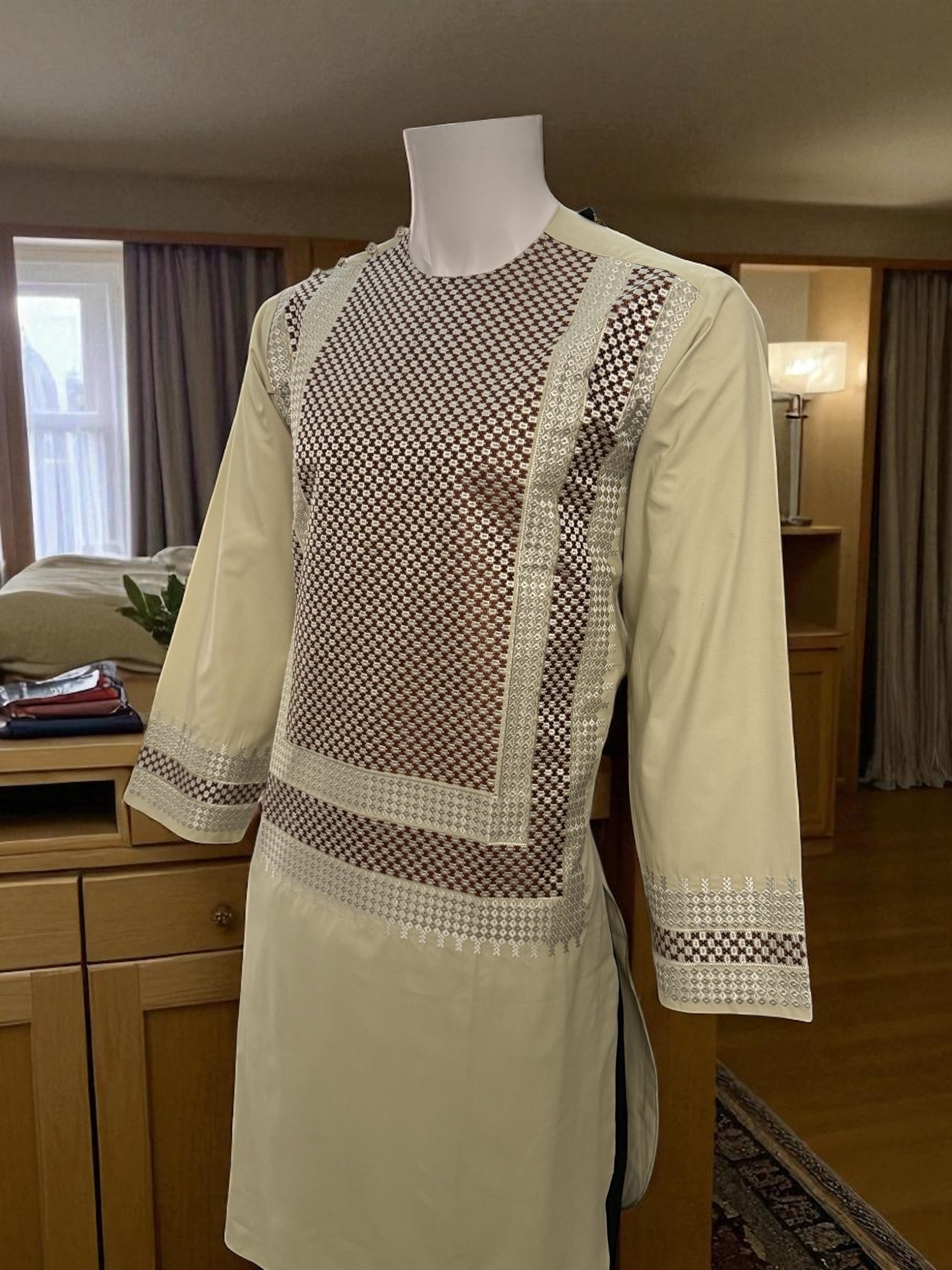 Men’s Light Beige Kameez with Brown and Matching Machine Embroidery – Traditional Afghan Wear | Luqmaan Boutique (Small)